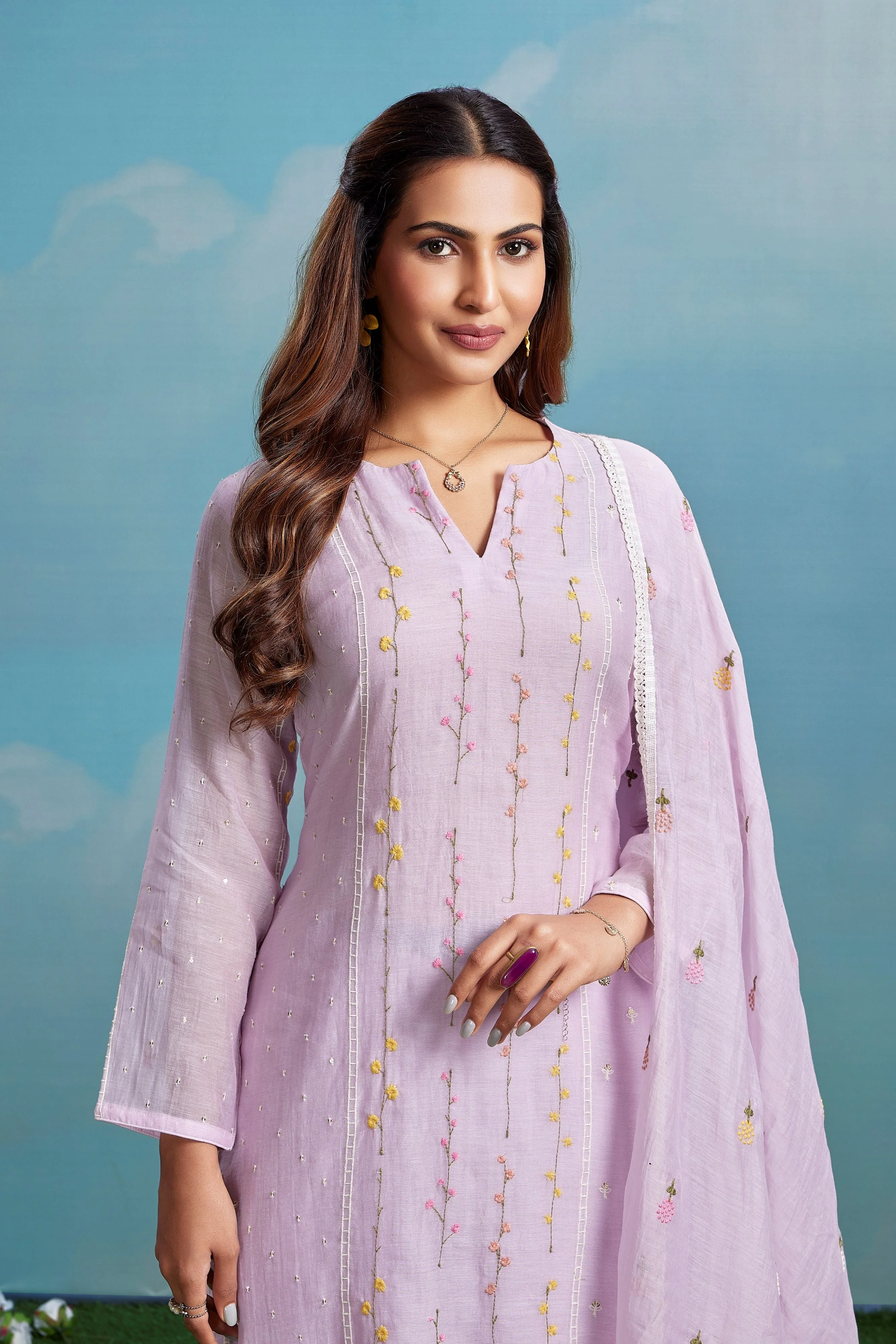 Lilac Meadow Embroidered Chanderi Silk Pant Set - Image 2