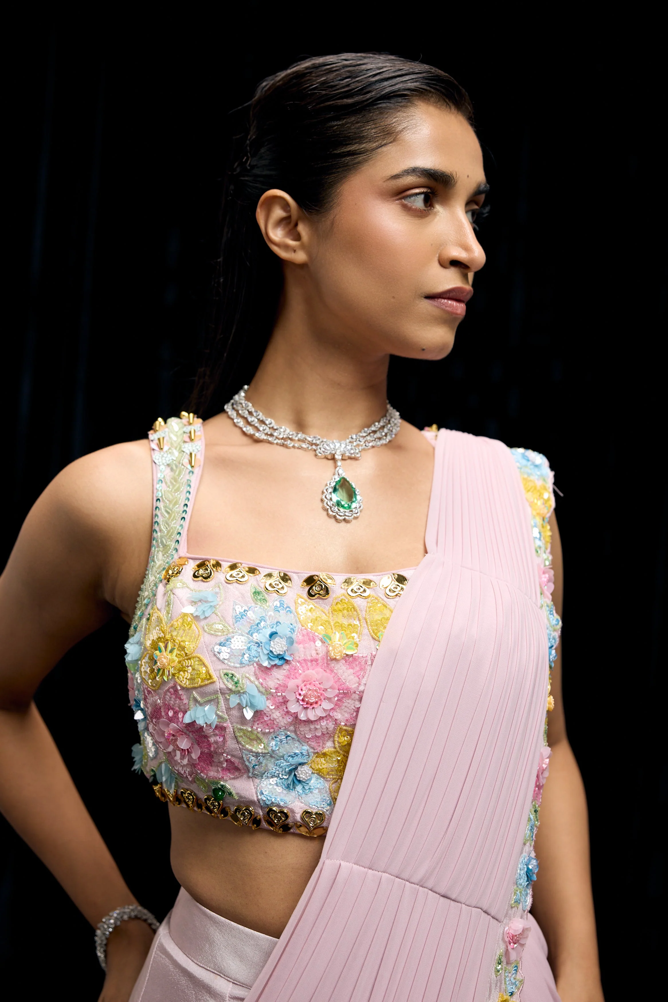 Lilac Pink Embellished Shimmer Tissue Silk Draped Palazzo Set - Image 2
