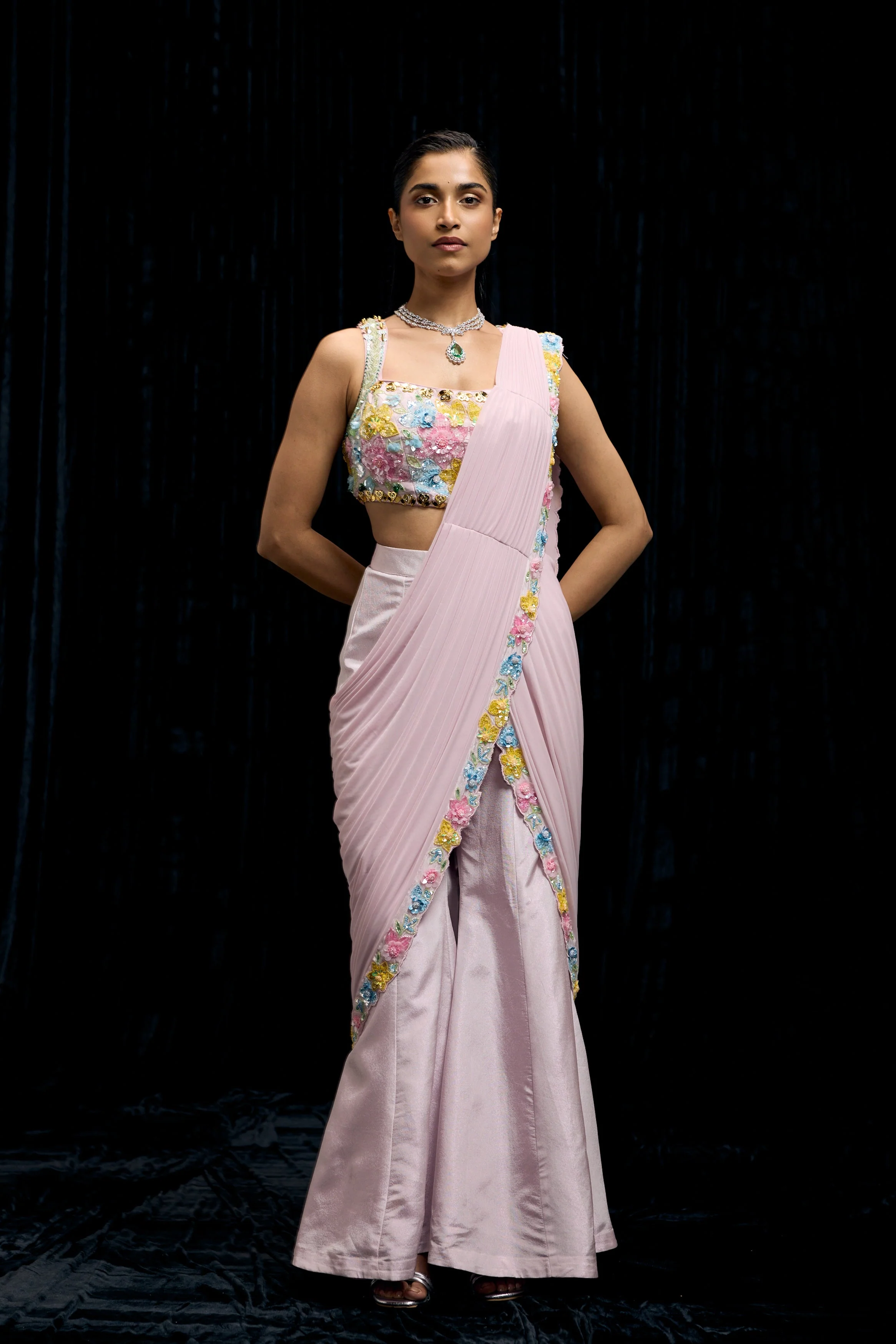 Lilac Pink Embellished Shimmer Tissue Silk Draped Palazzo Set - Image 5