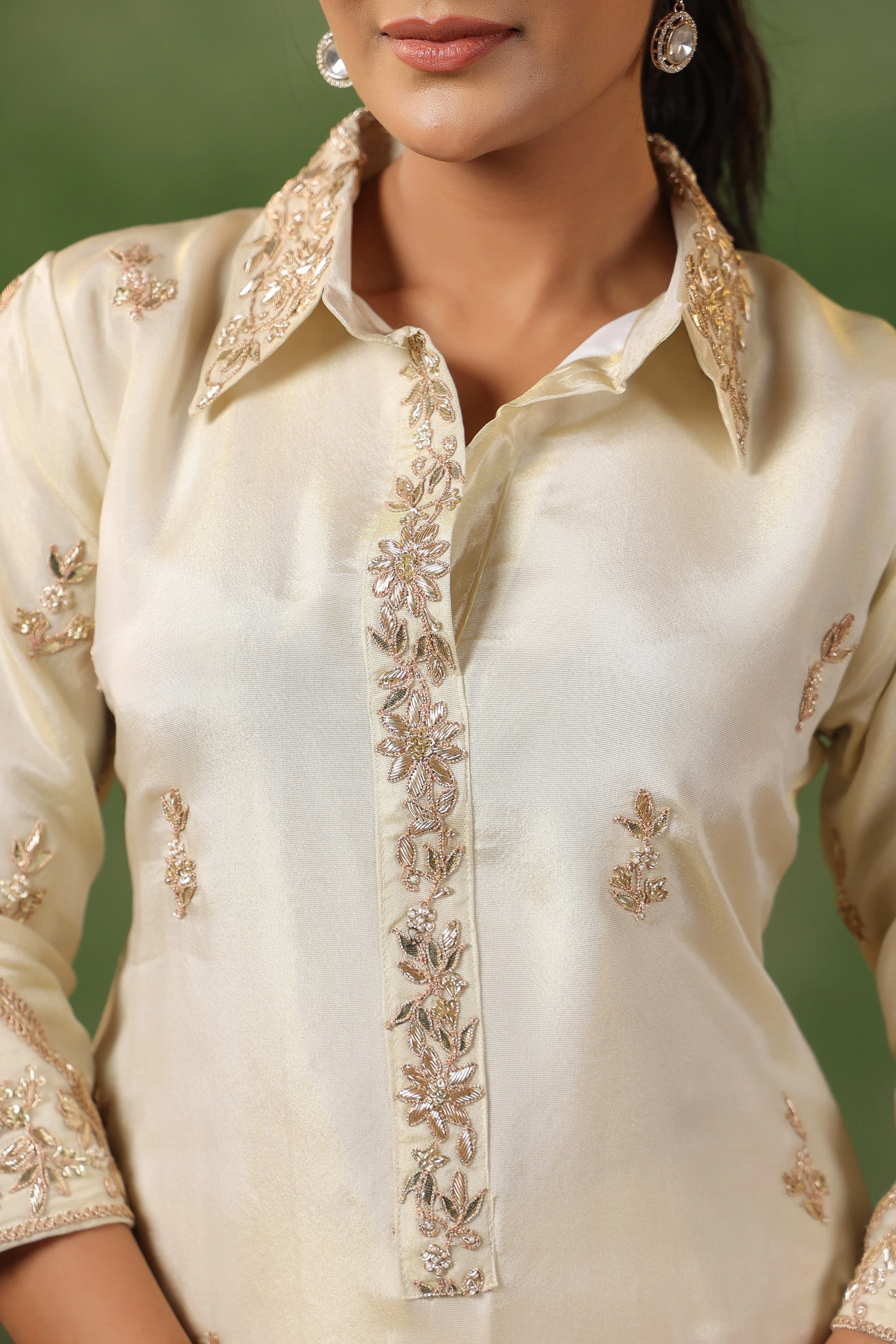 Off-White Embellished Tissue Silk Kurta Set - Image 2