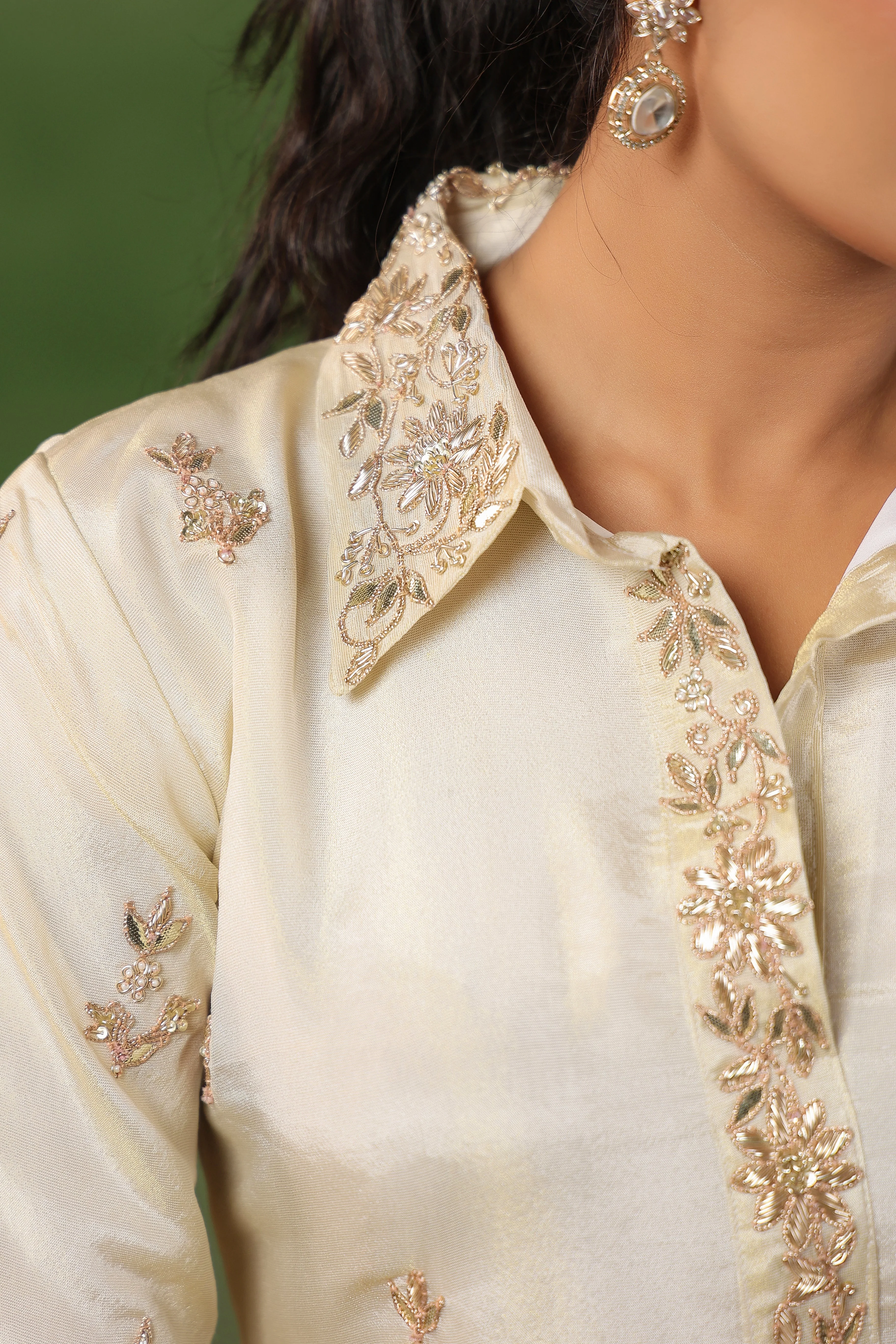 Off-White Embellished Tissue Silk Kurta Set - Image 3