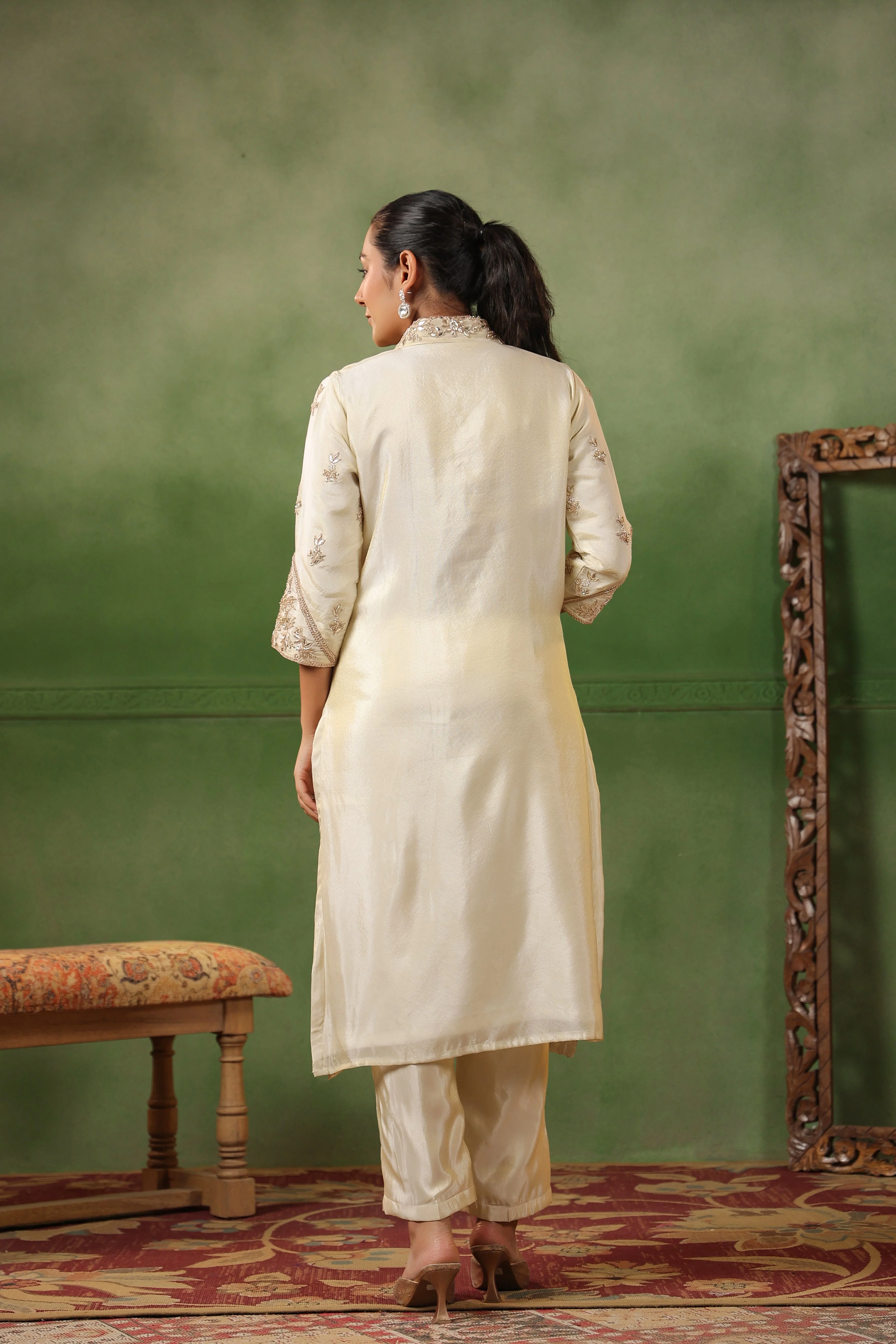 Off-White Embellished Tissue Silk Kurta Set - Image 7
