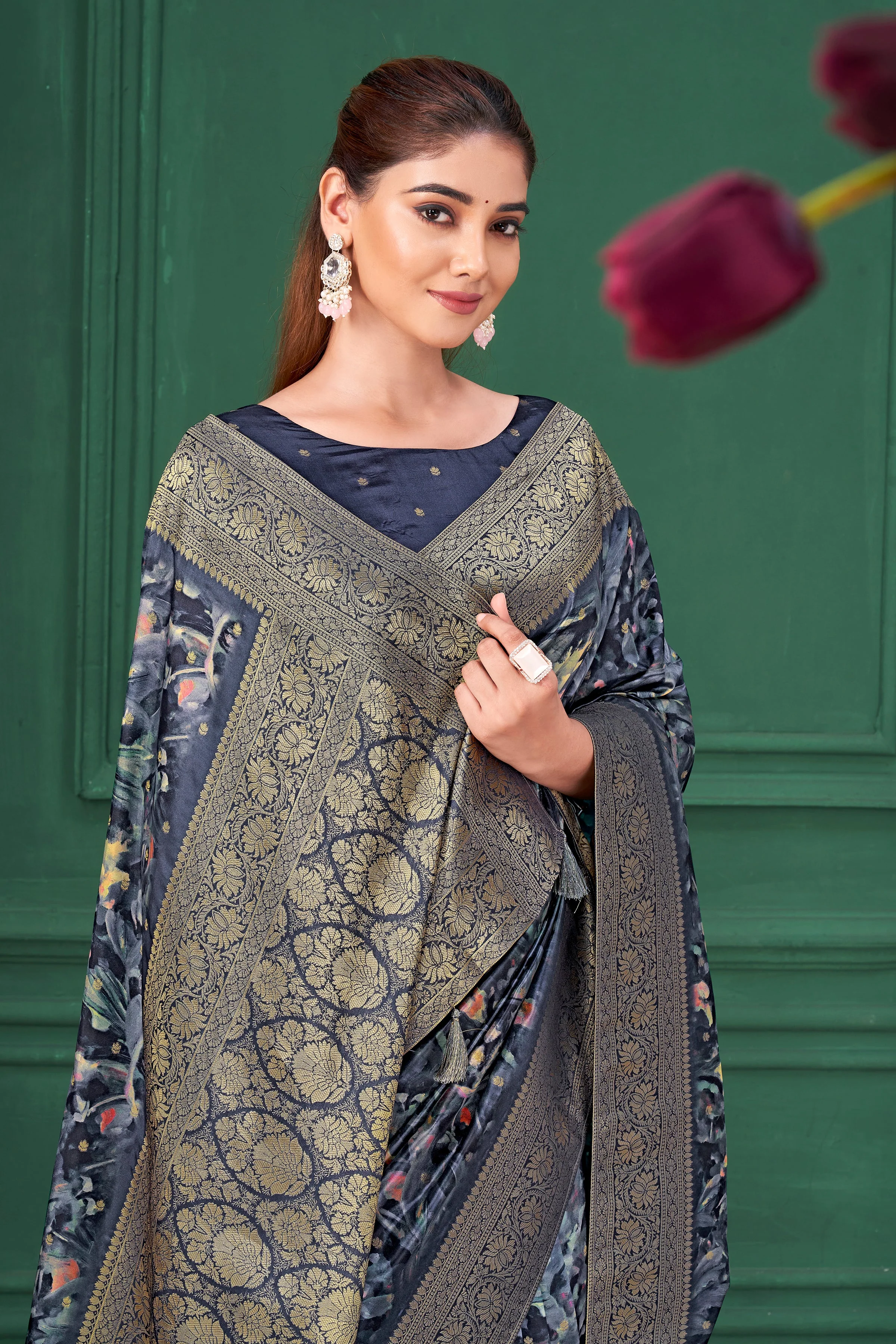 Blue Digital Printed Tussar Silk Saree - Image 3