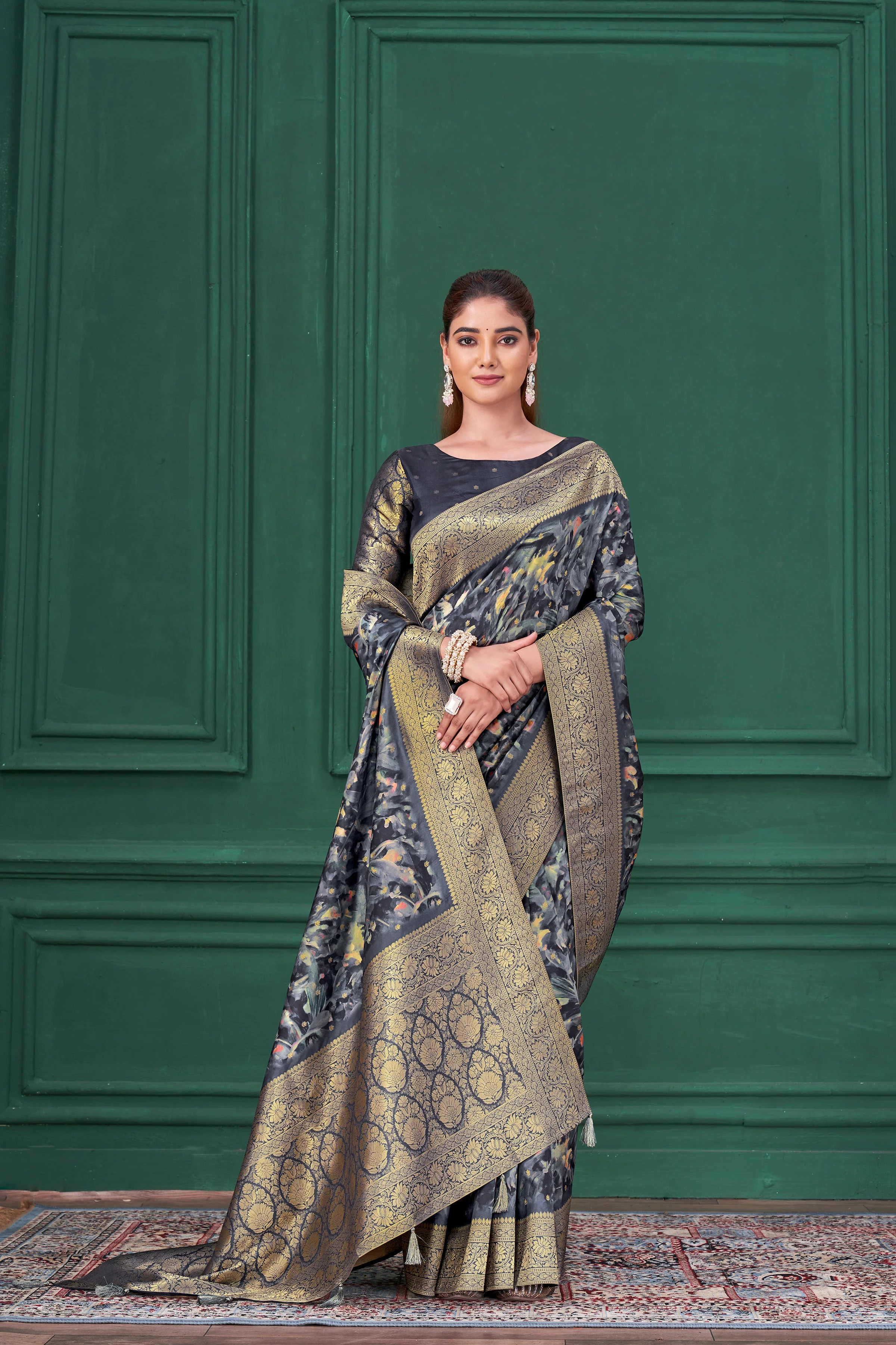 Blue Digital Printed Tussar Silk Saree - Image 4