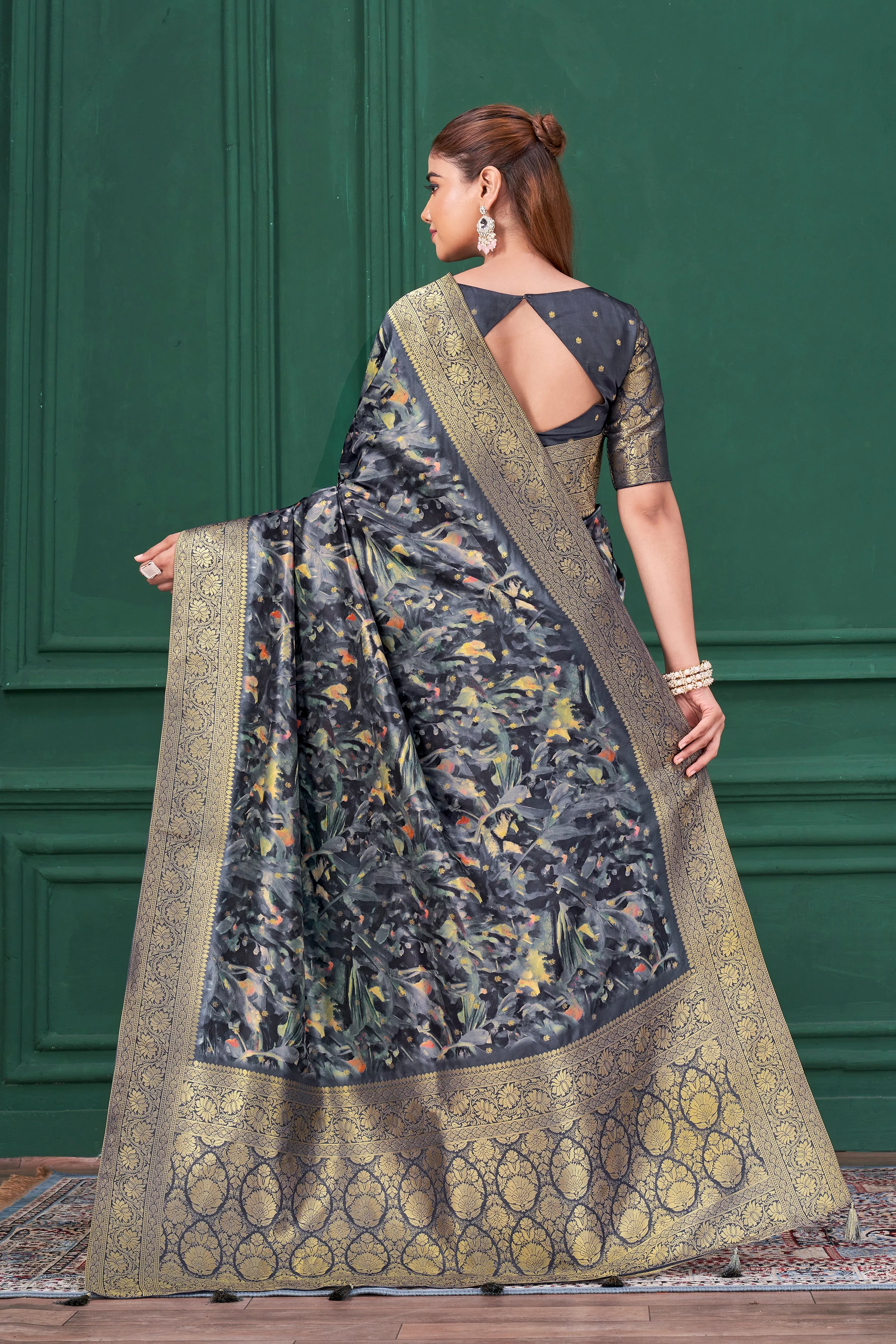 Blue Digital Printed Tussar Silk Saree - Image 6