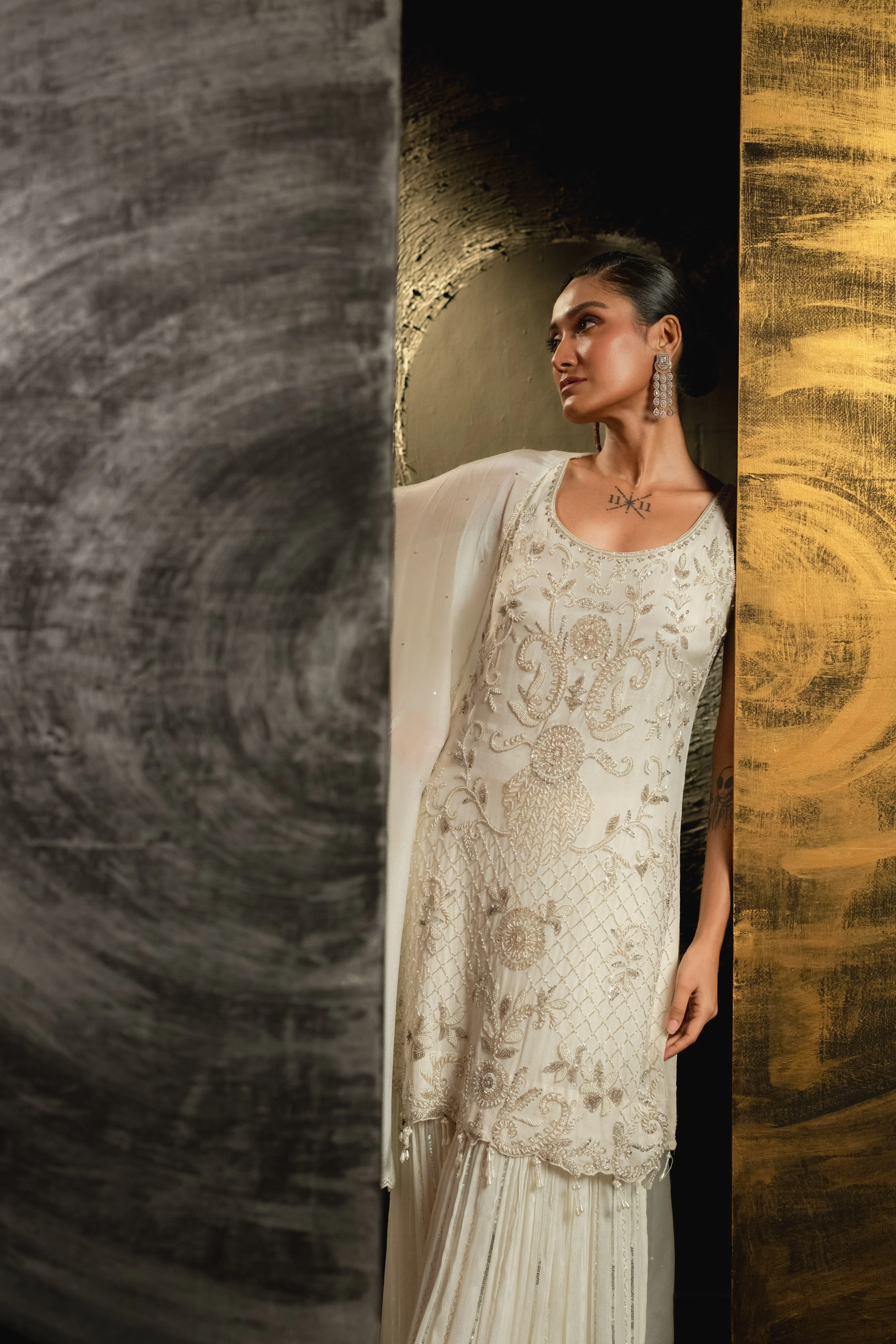 Classic White Embellished Chinon Silk Palazzo Set - Image 2