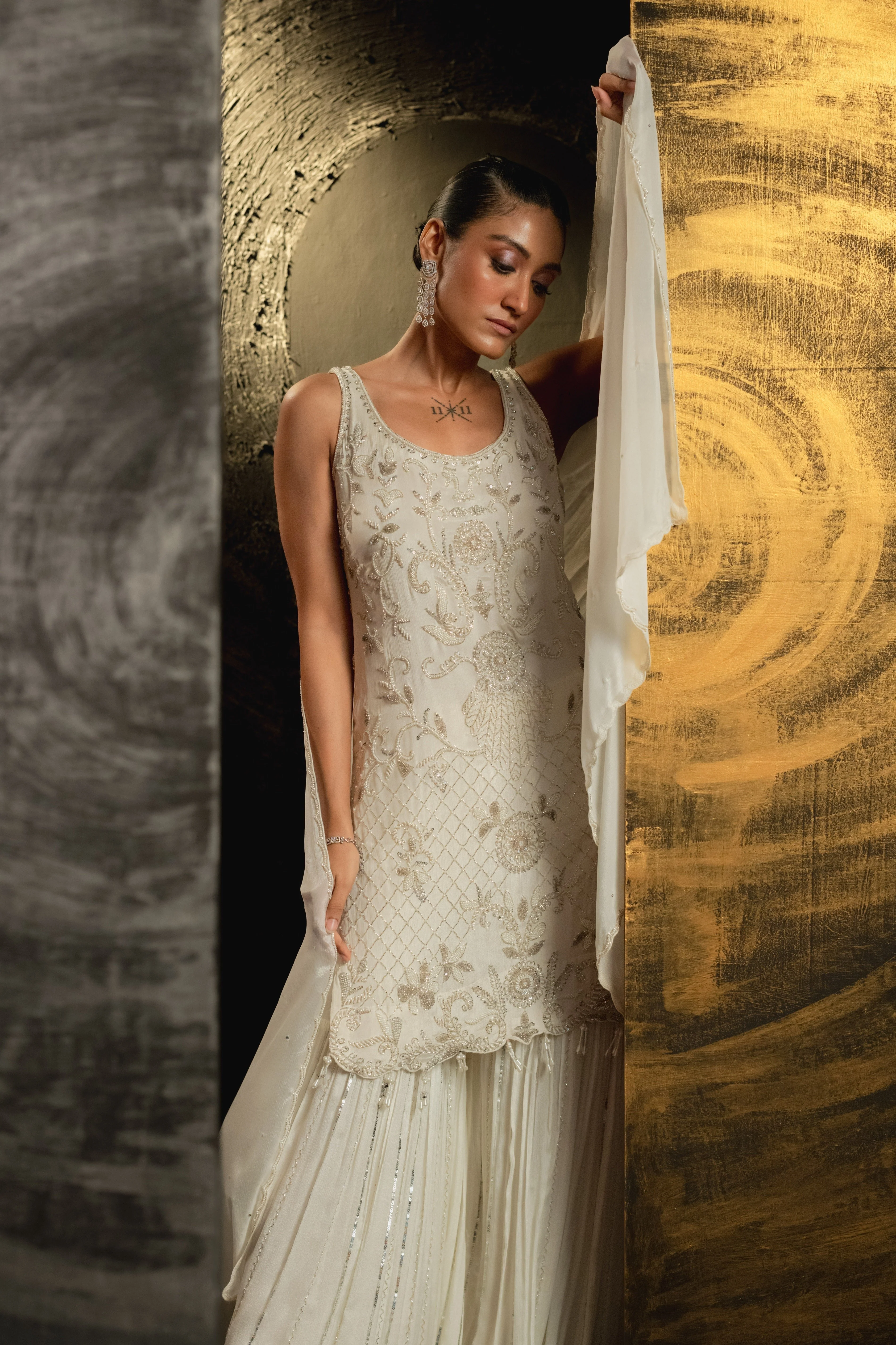 Classic White Embellished Chinon Silk Palazzo Set - Image 3