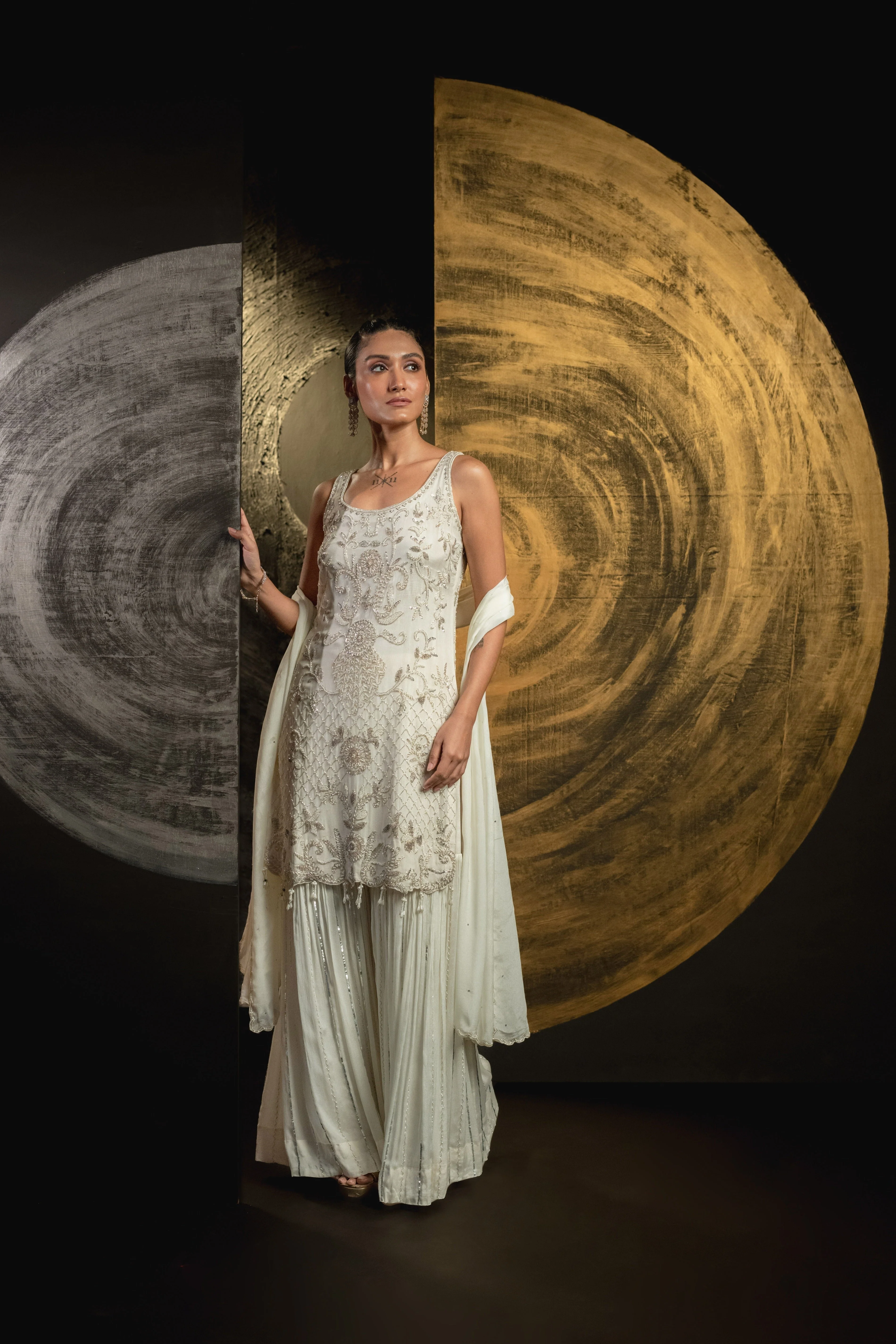 Classic White Embellished Chinon Silk Palazzo Set - Image 4