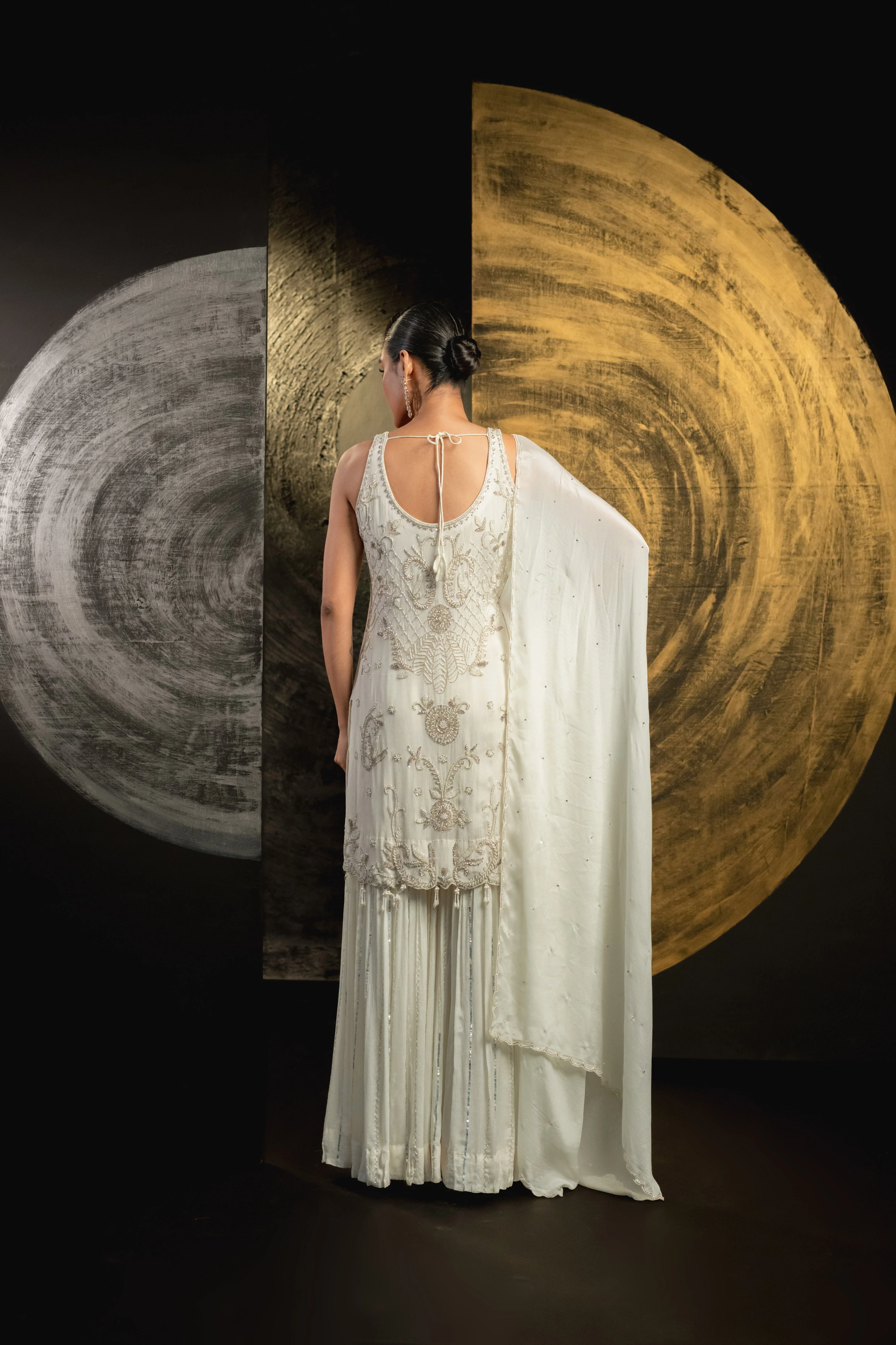 Classic White Embellished Chinon Silk Palazzo Set - Image 5