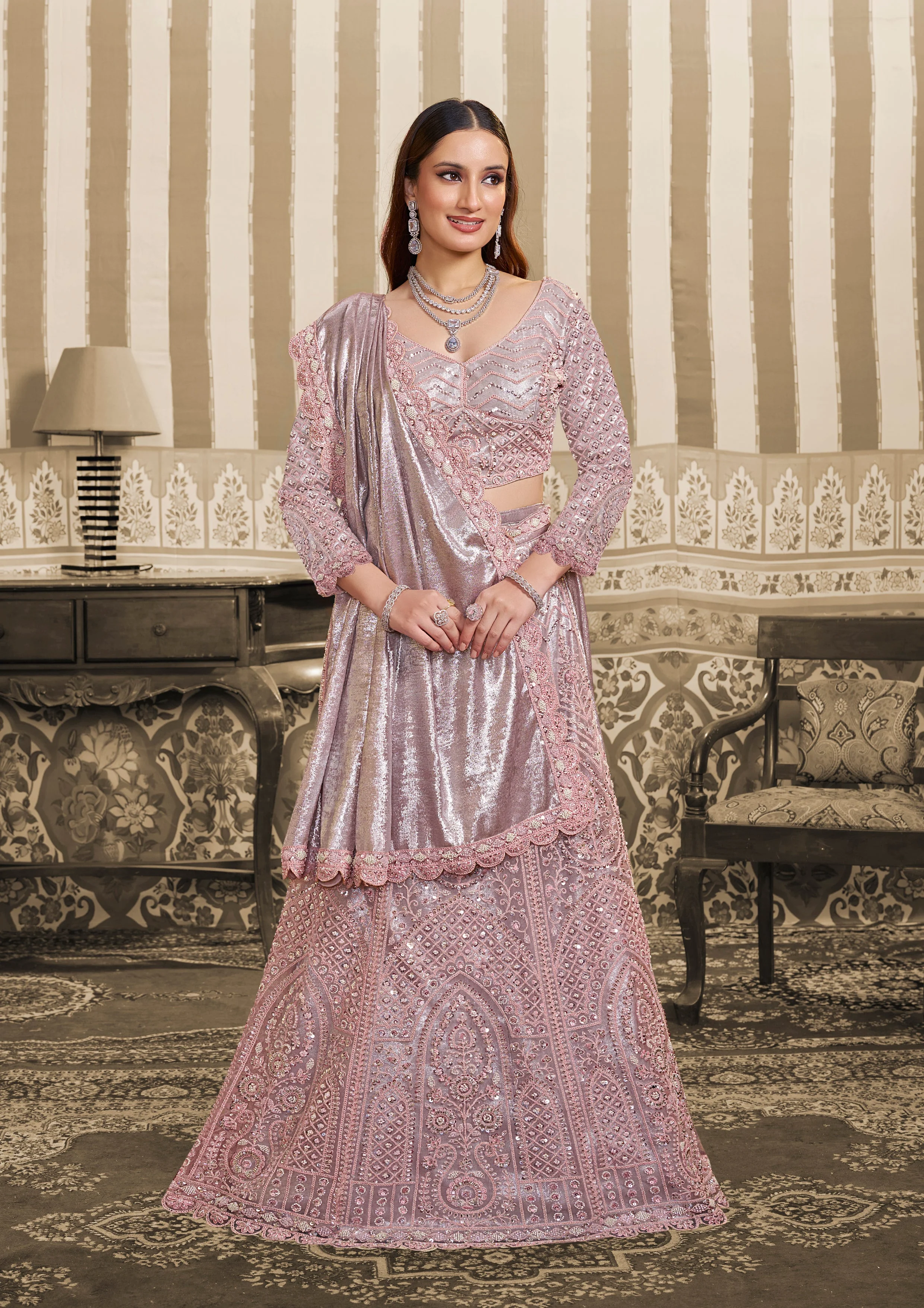 Lilac Silver Embellished Satin Silk Lehenga Saree - Image 3