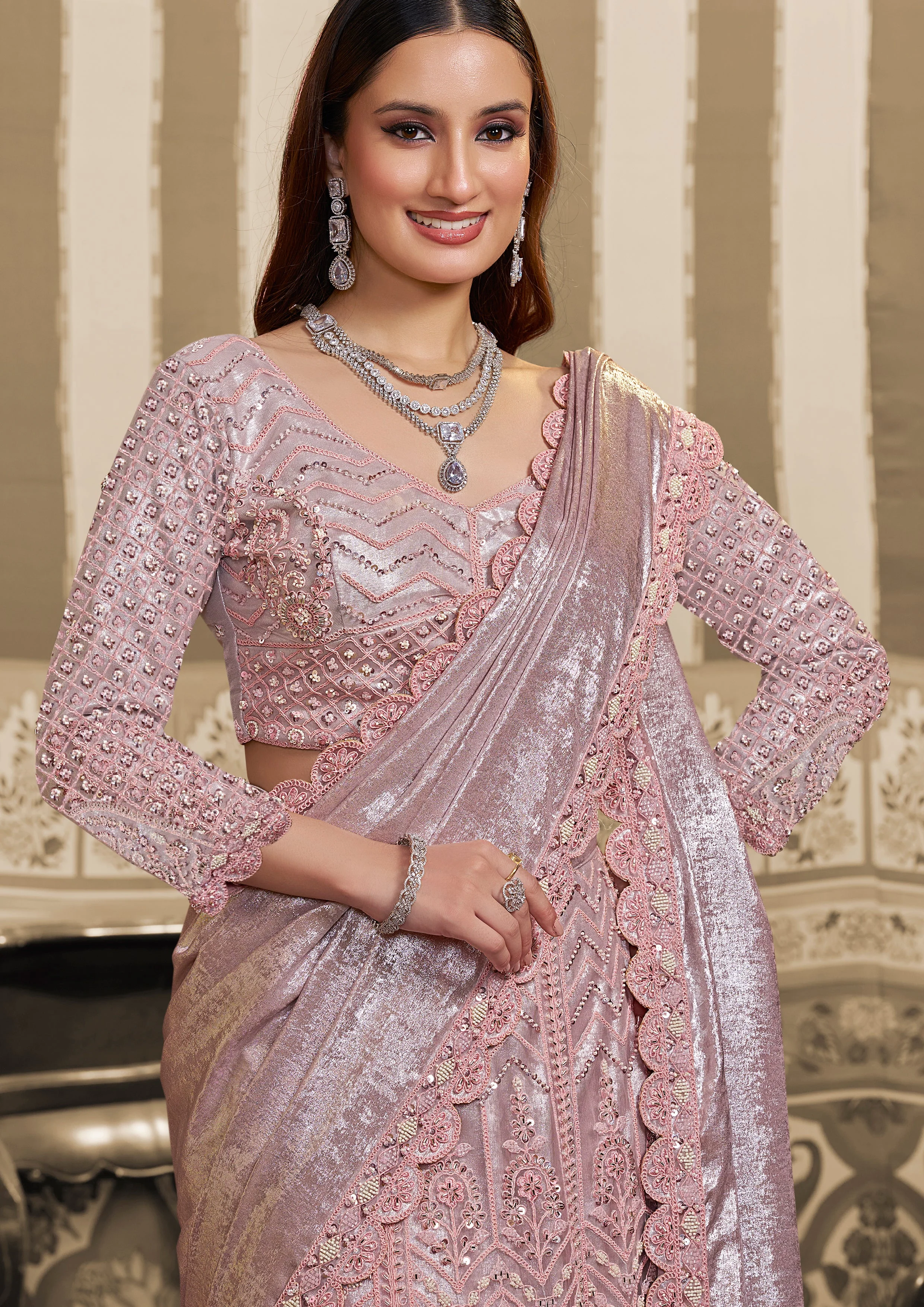 Lilac Silver Embellished Satin Silk Lehenga Saree - Image 4