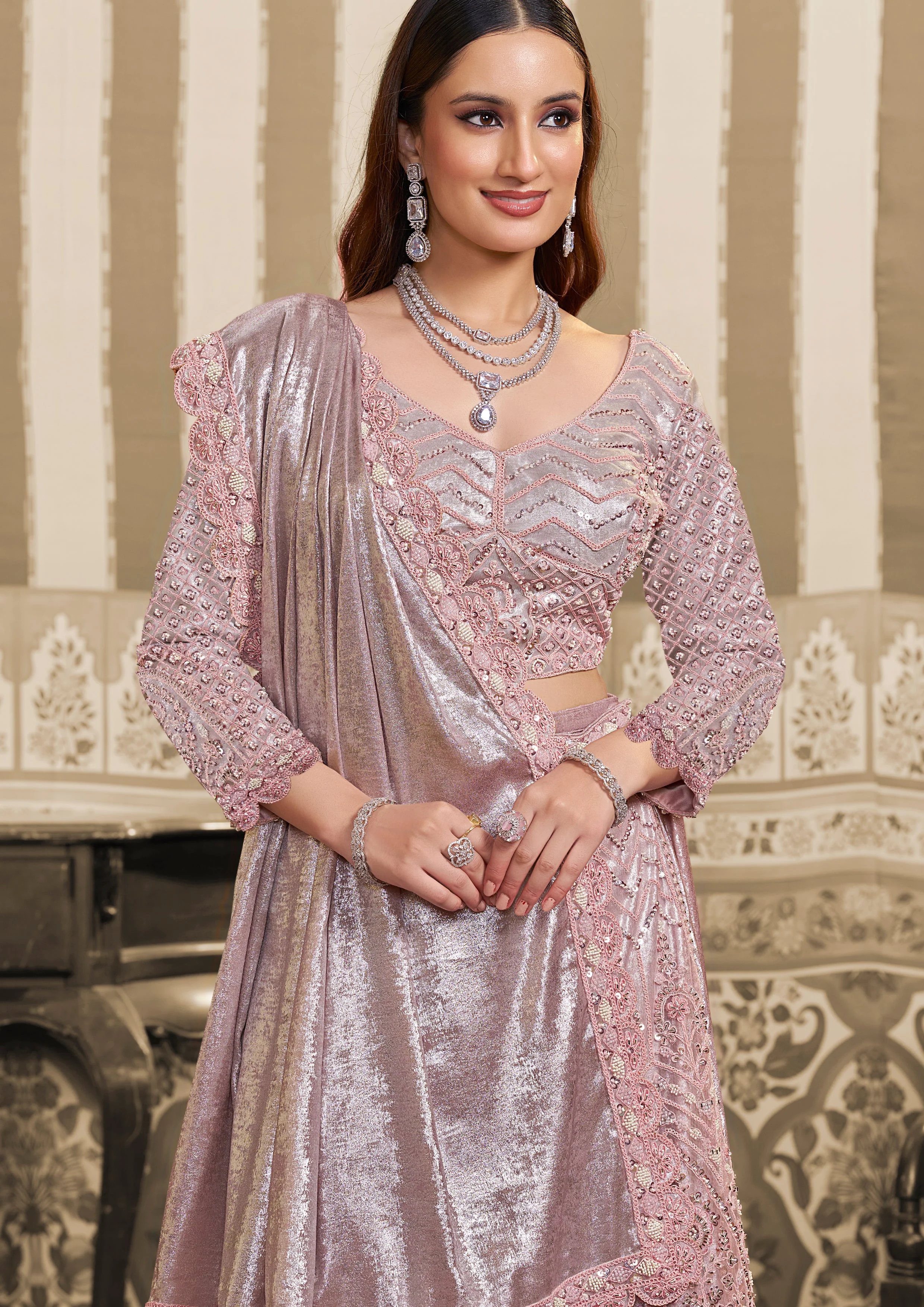 Lilac Silver Embellished Satin Silk Lehenga Saree - Image 6