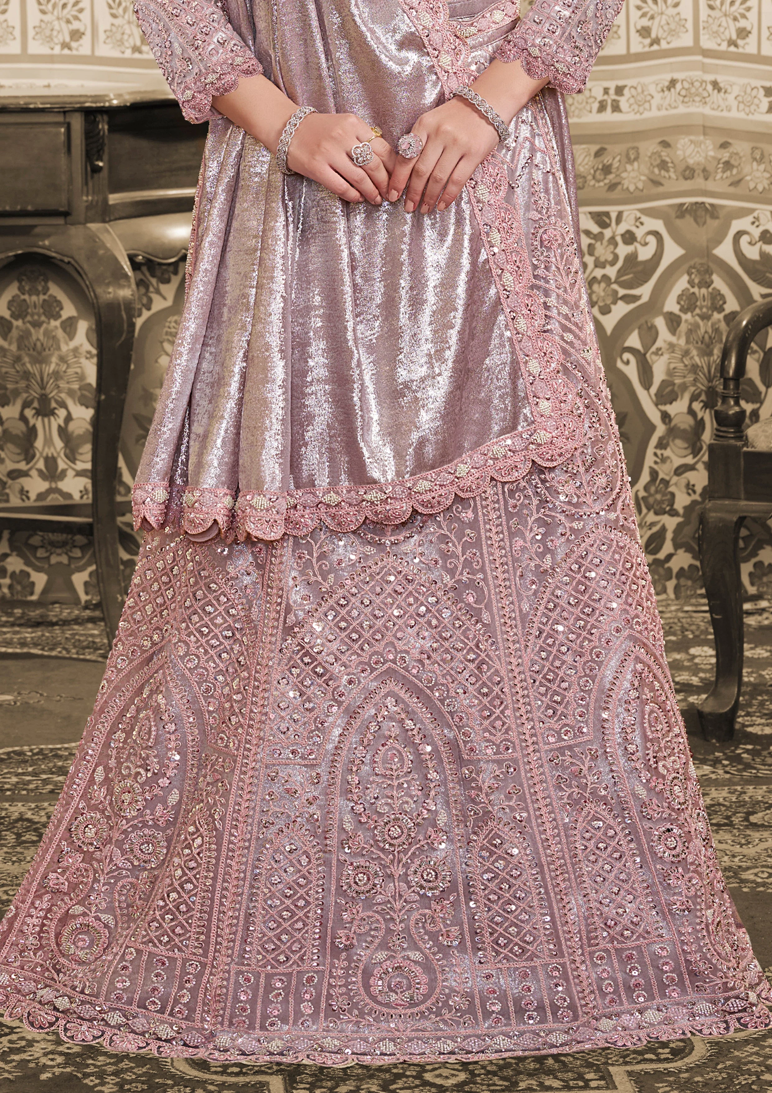 Lilac Silver Embellished Satin Silk Lehenga Saree - Image 7