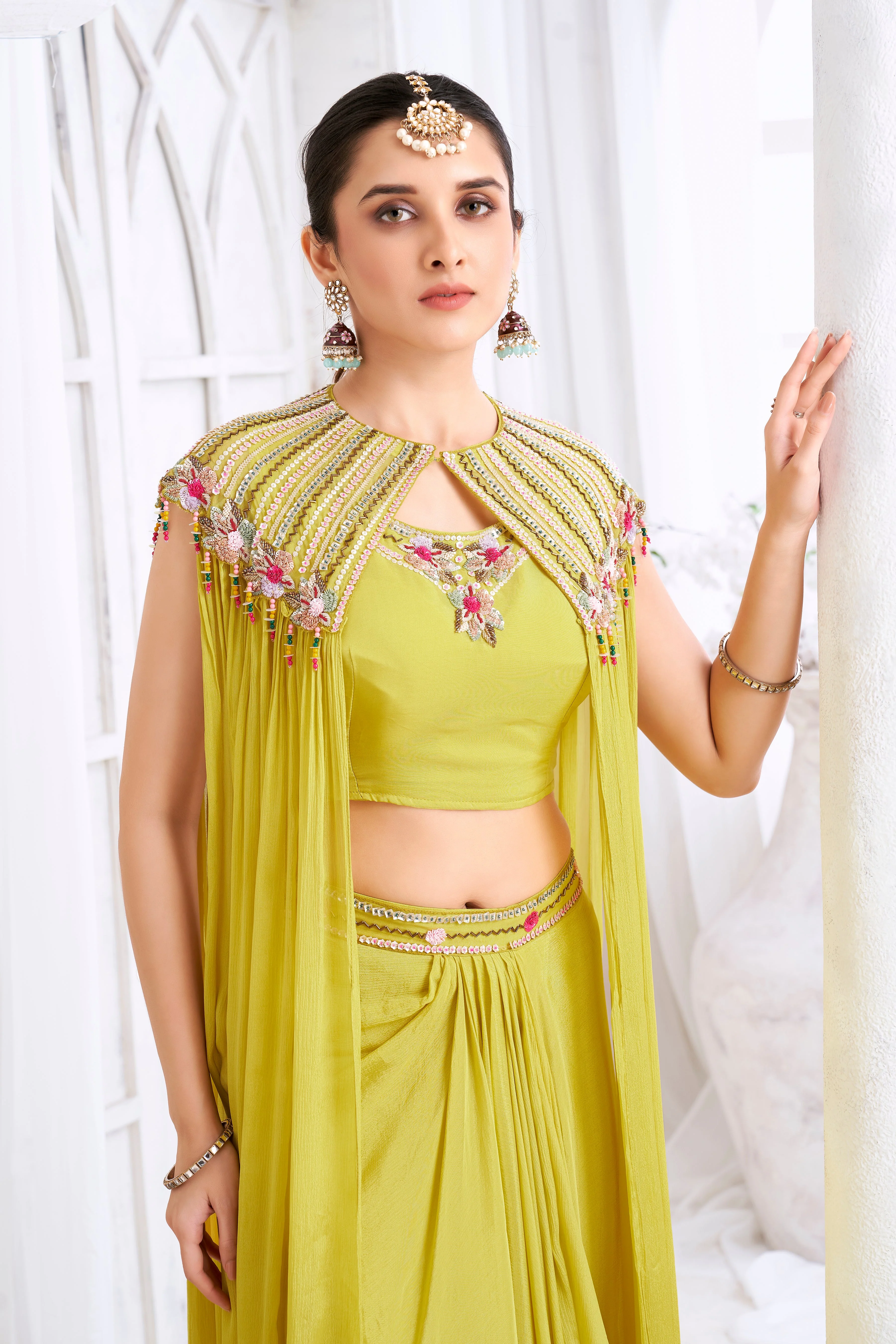 Lime Green Embellished Chinon Silk Cape Set - Image 2