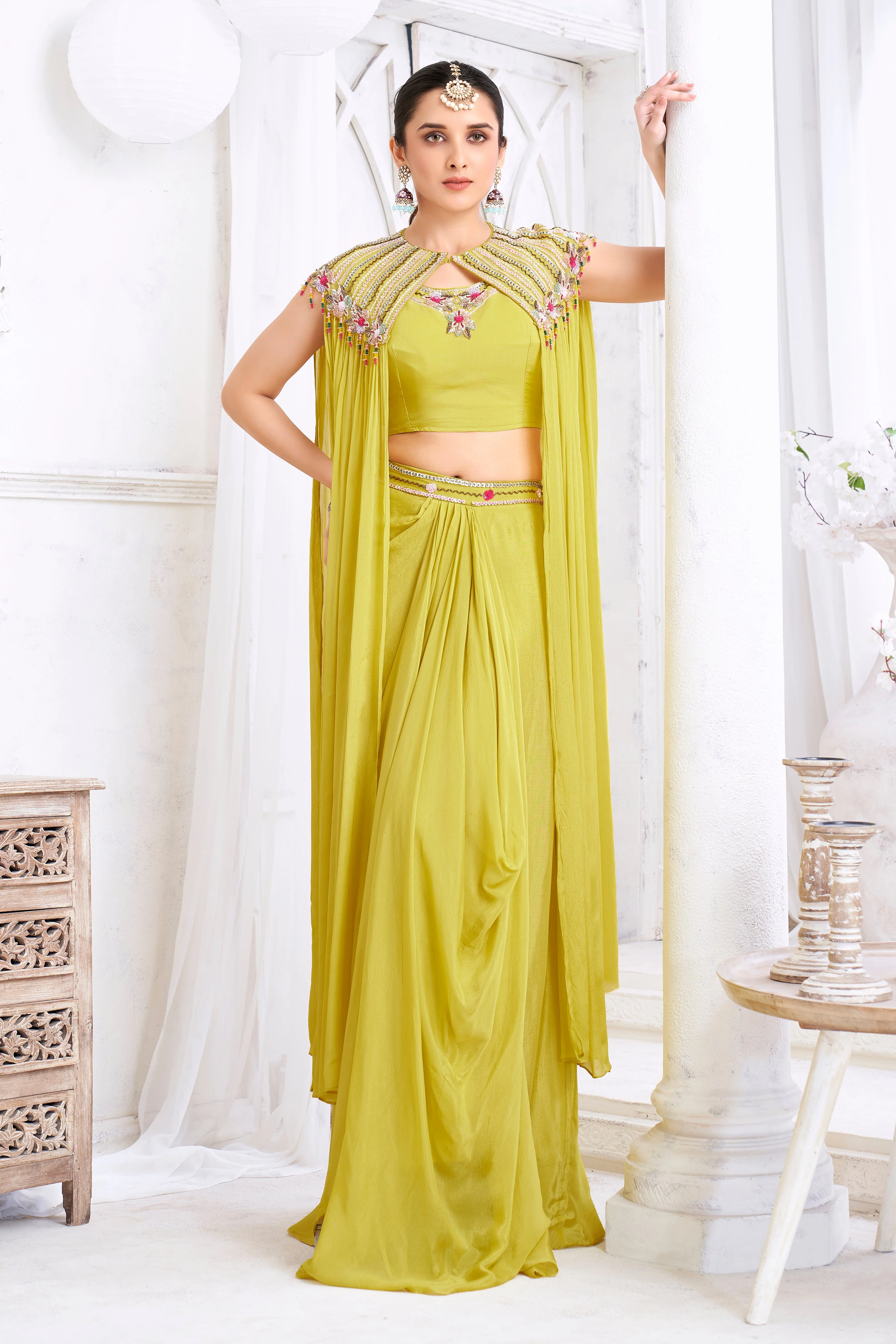 Lime Green Embellished Chinon Silk Cape Set - Image 3