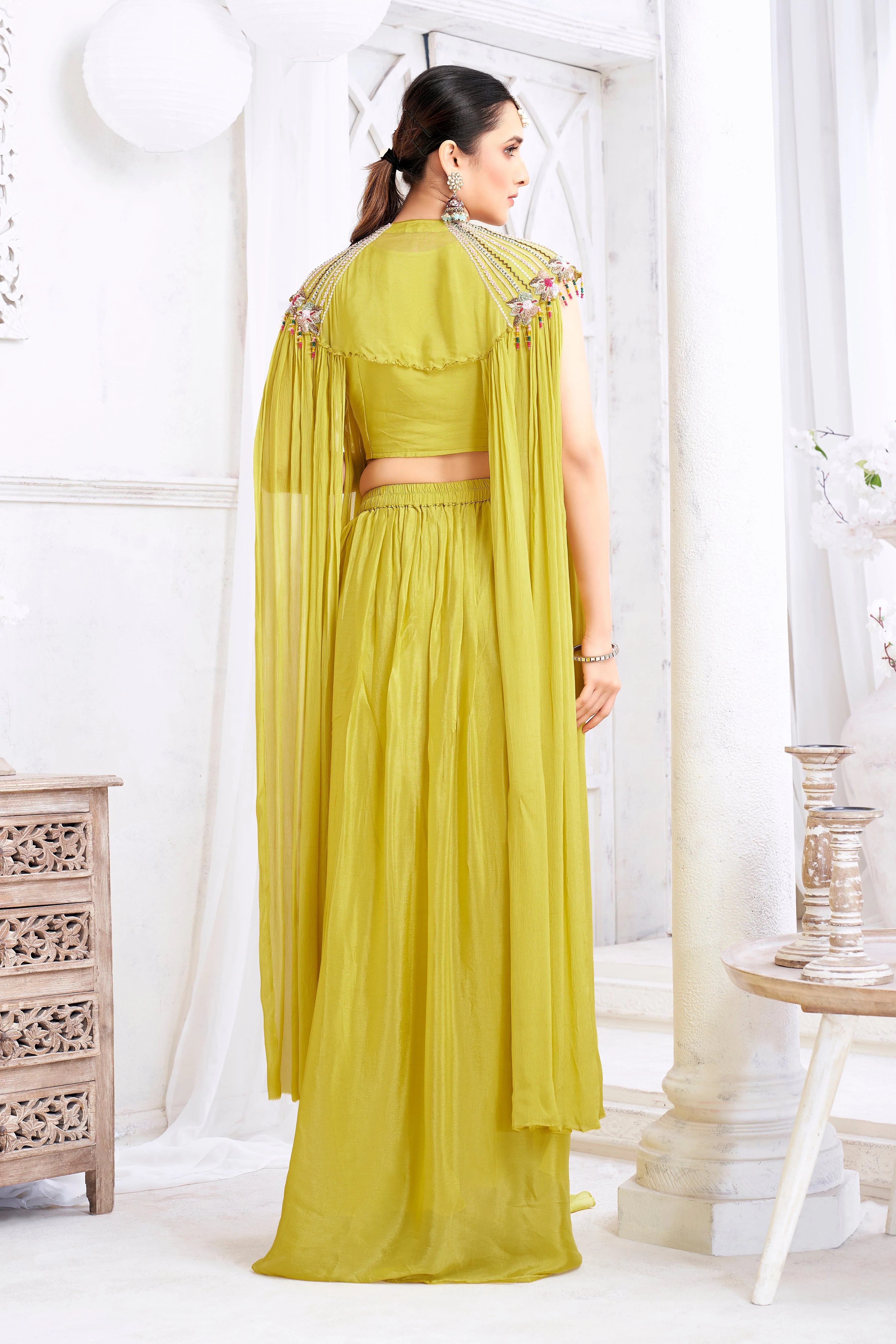 Lime Green Embellished Chinon Silk Cape Set - Image 4
