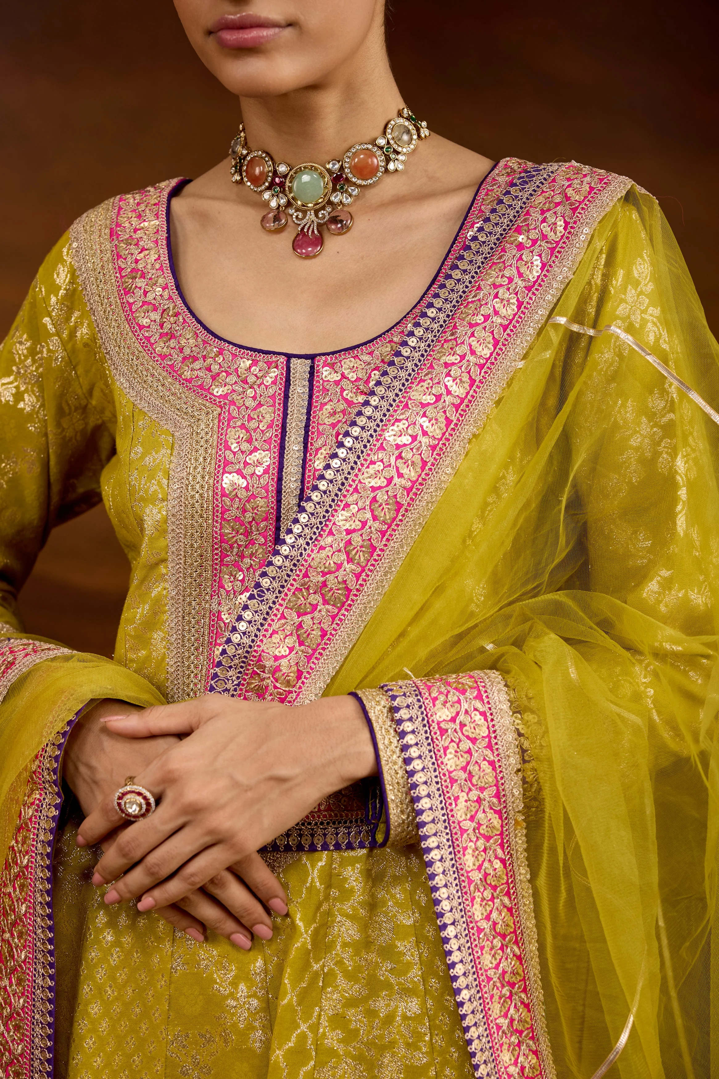 Lime Green Embellished Brocade Silk Anarkali Set - Image 2