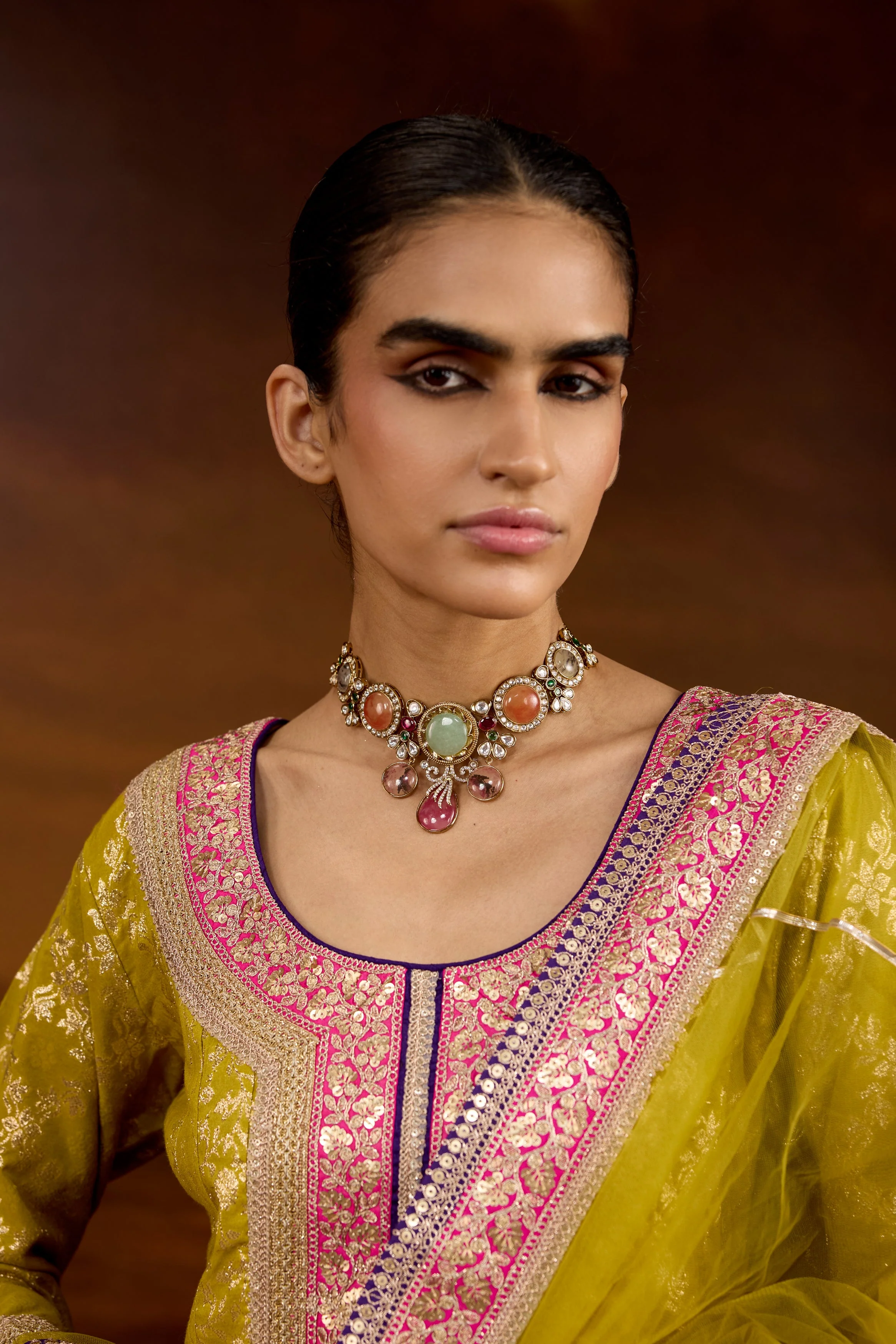 Lime Green Embellished Brocade Silk Anarkali Set - Image 3