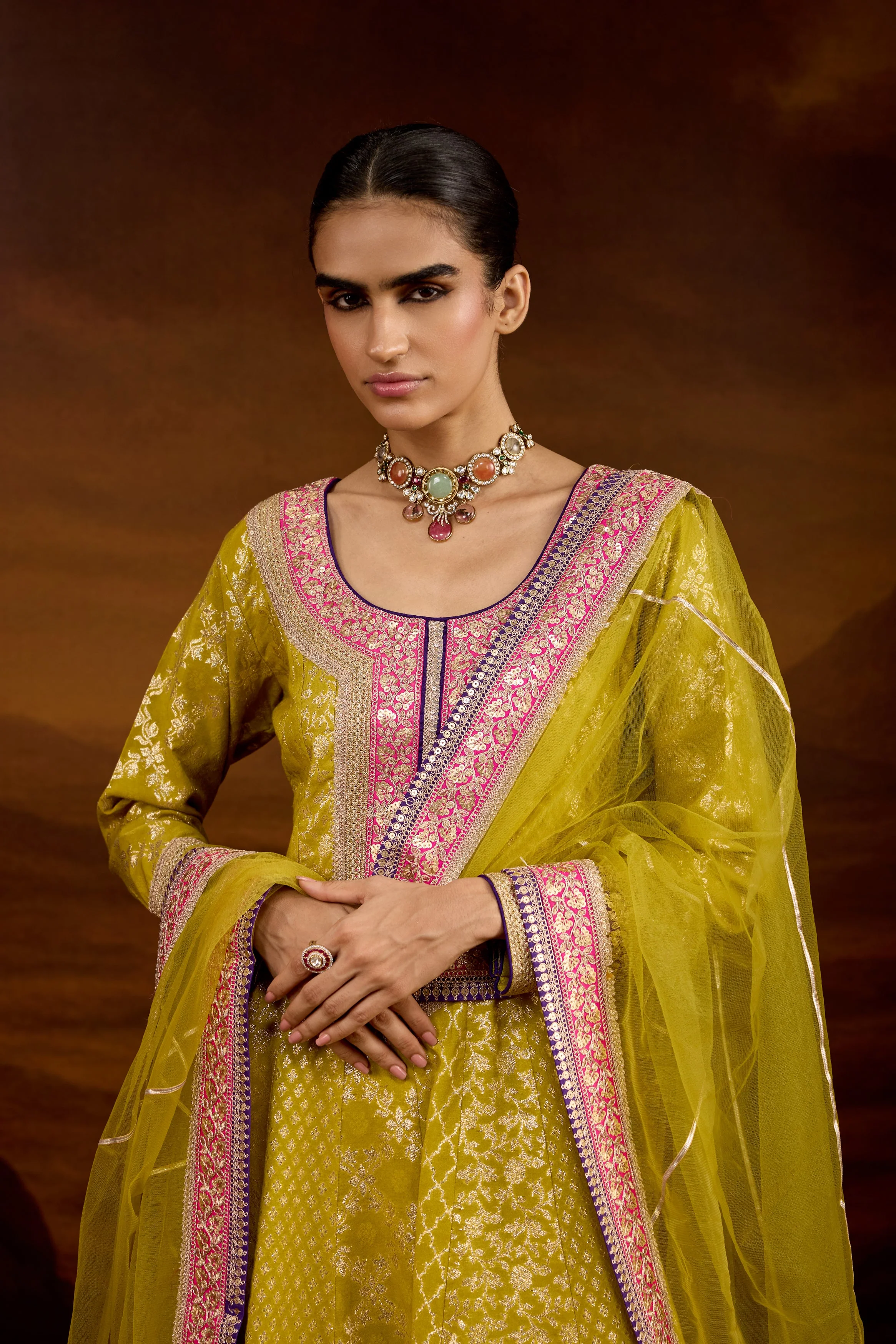Lime Green Embellished Brocade Silk Anarkali Set - Image 4