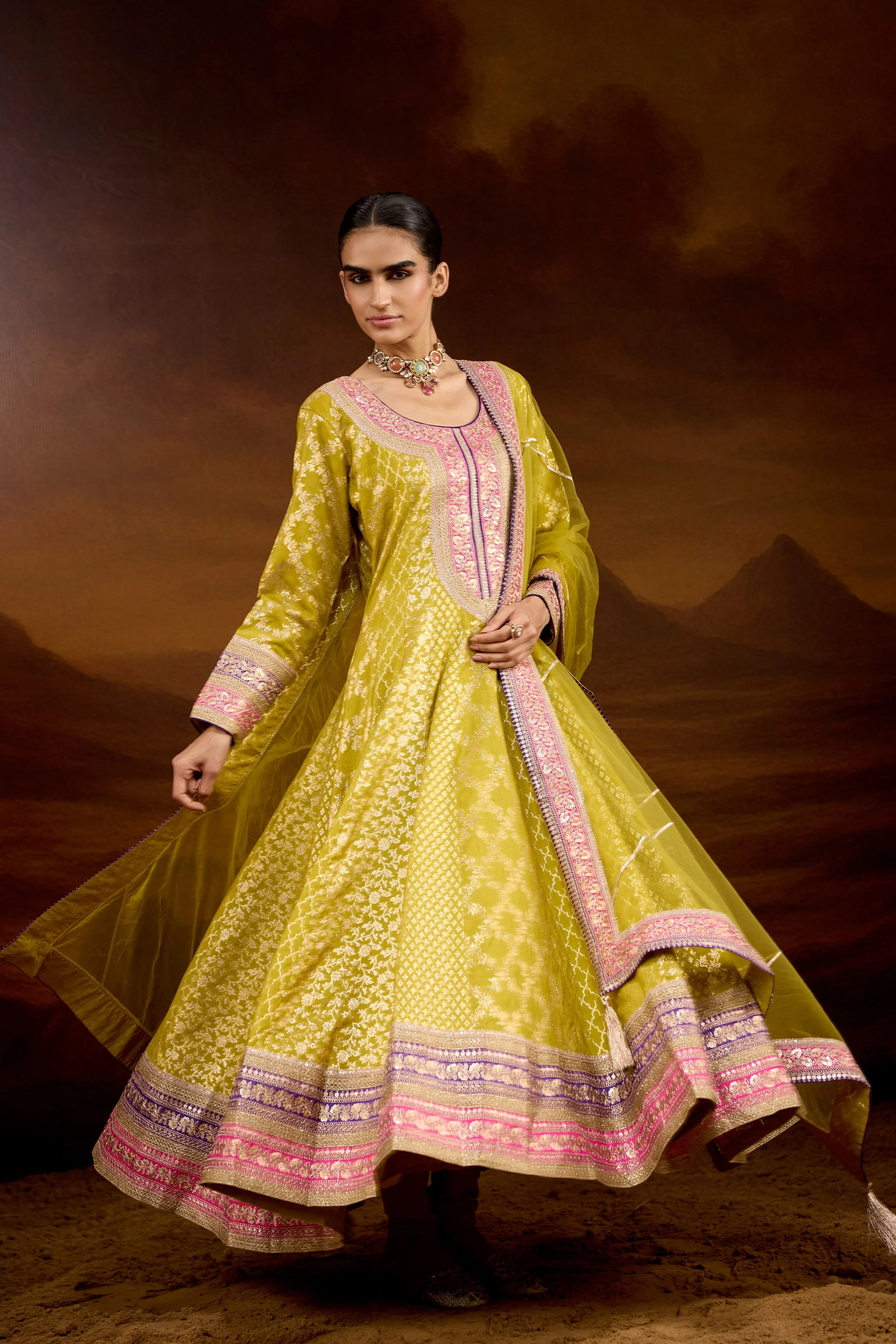 Lime Green Embellished Brocade Silk Anarkali Set - Image 5