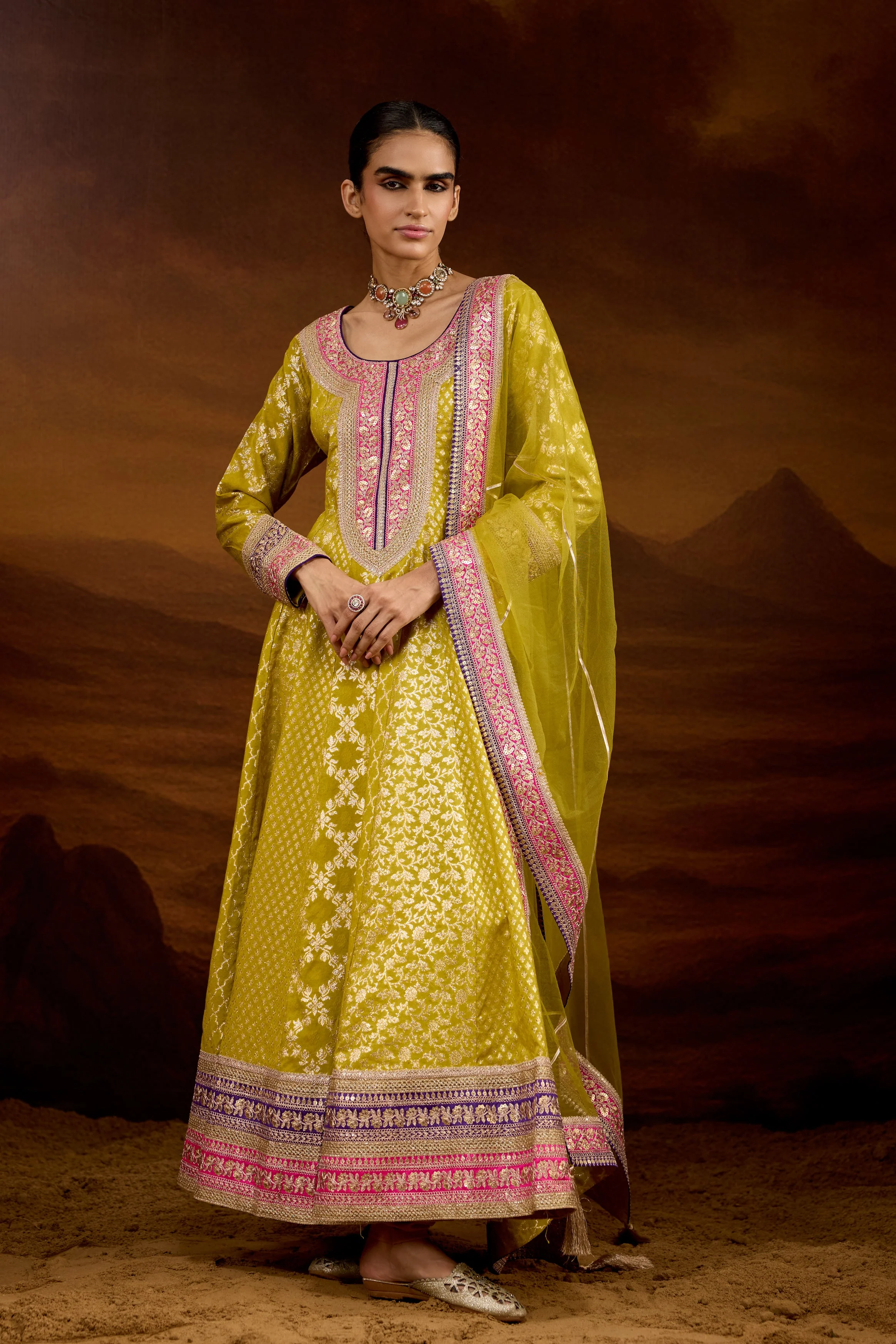 Lime Green Embellished Brocade Silk Anarkali Set - Image 6