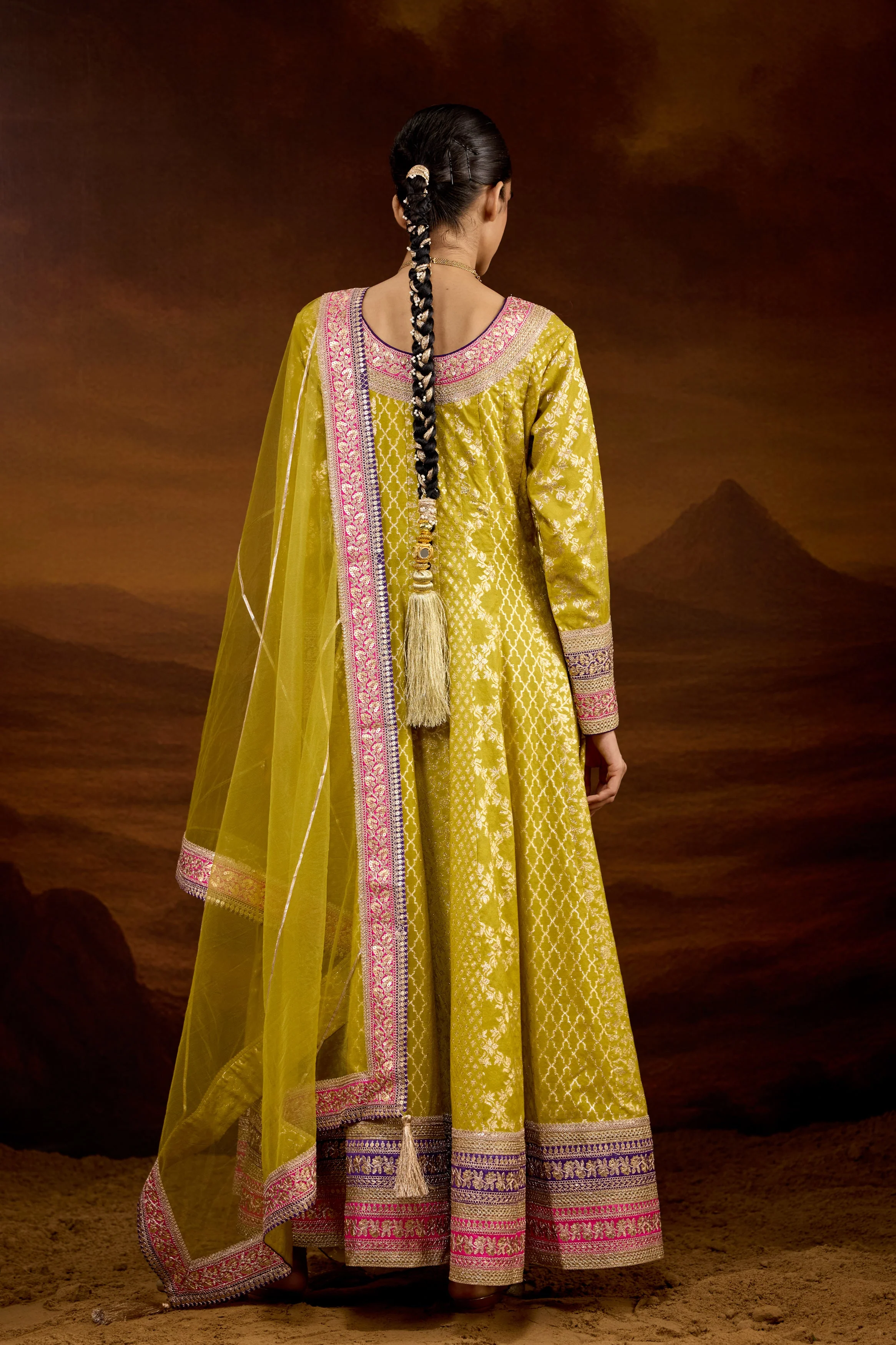 Lime Green Embellished Brocade Silk Anarkali Set - Image 7