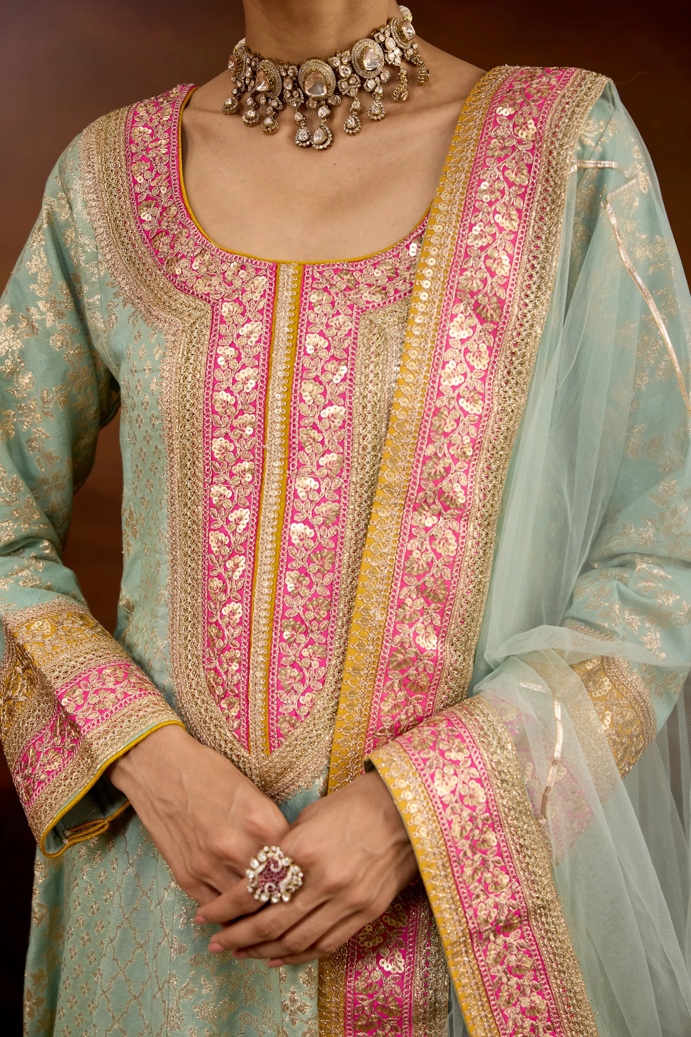 Mint Green Embellished Brocade Silk Anarkali Set - Image 2