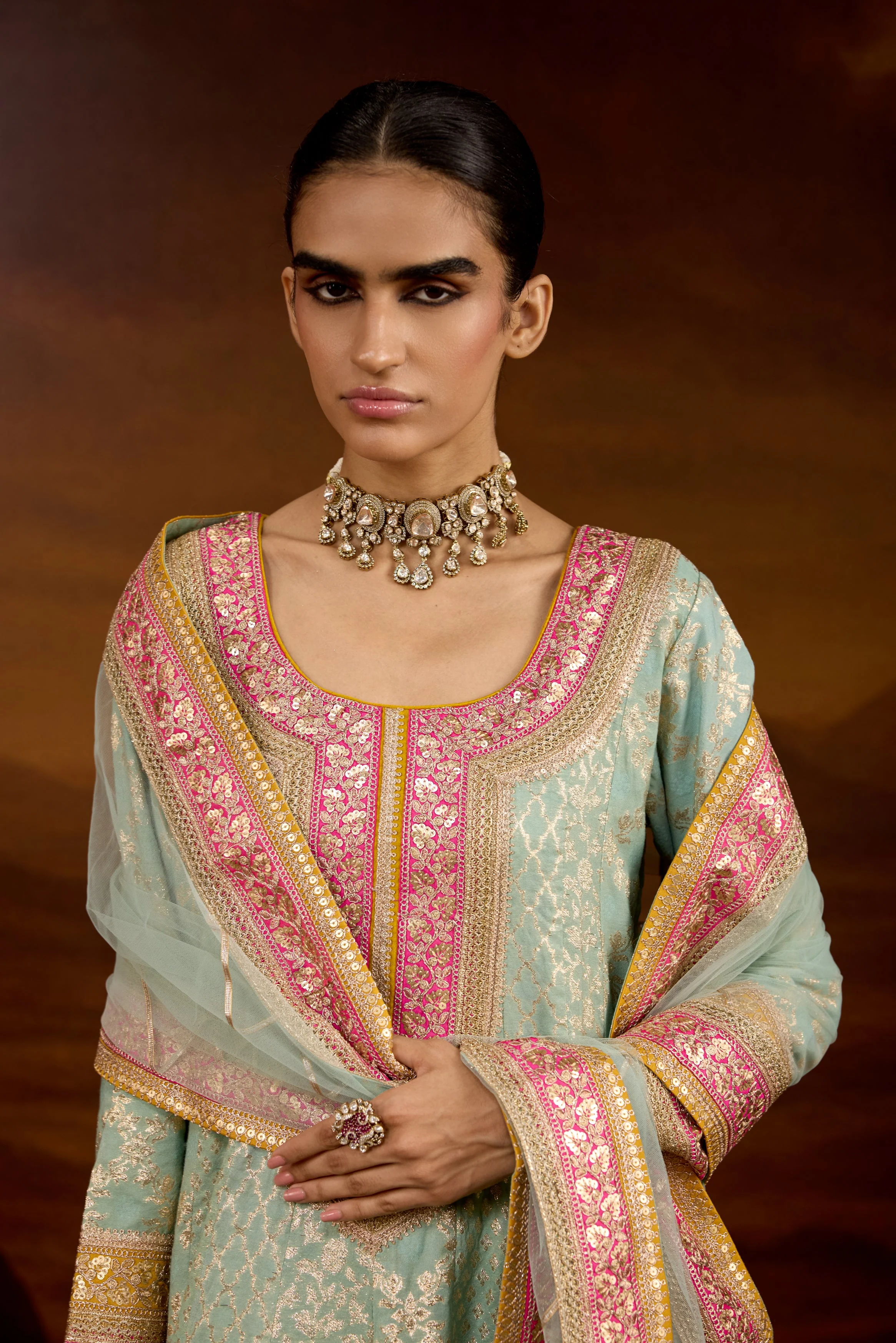 Mint Green Embellished Brocade Silk Anarkali Set - Image 3