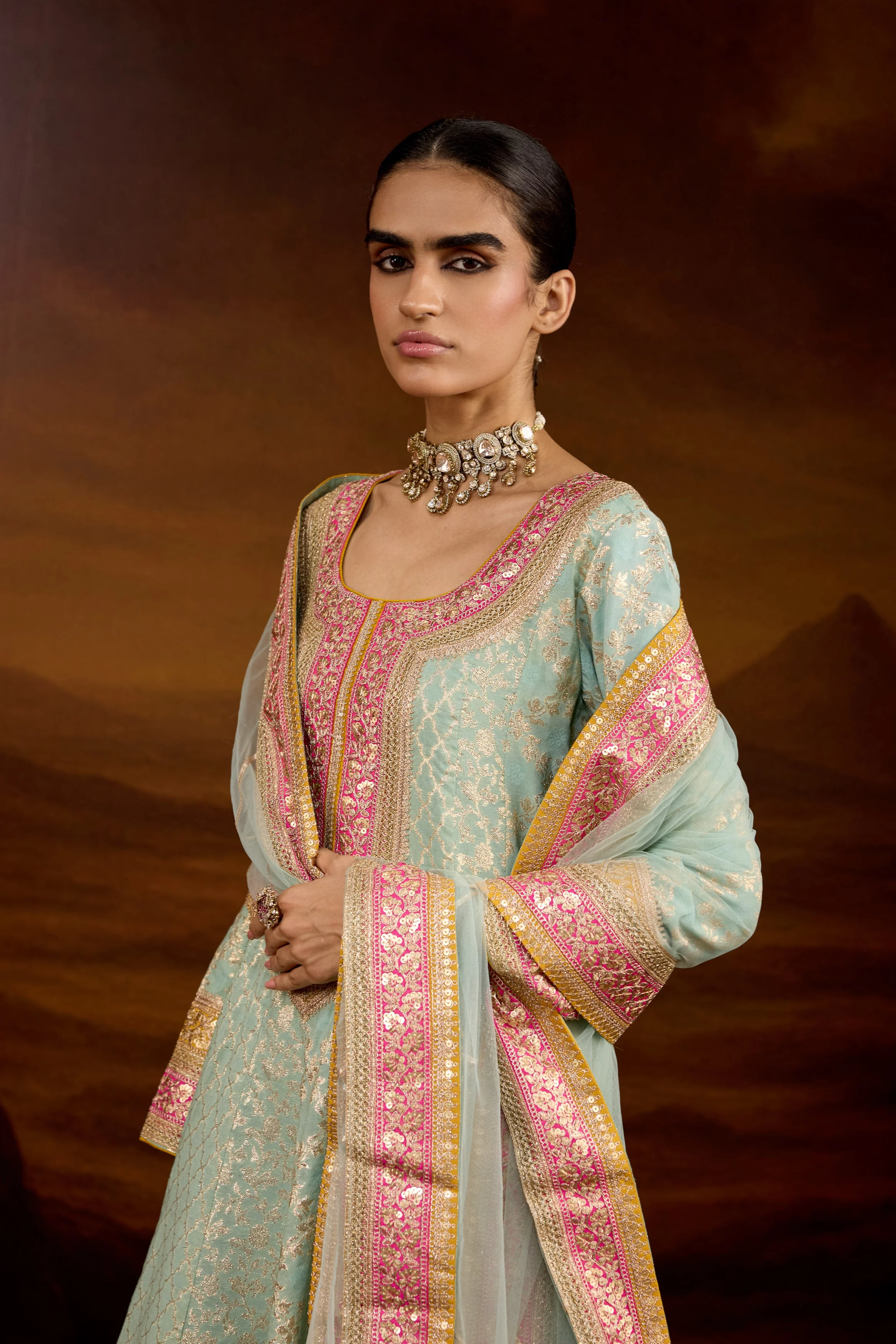 Mint Green Embellished Brocade Silk Anarkali Set - Image 4