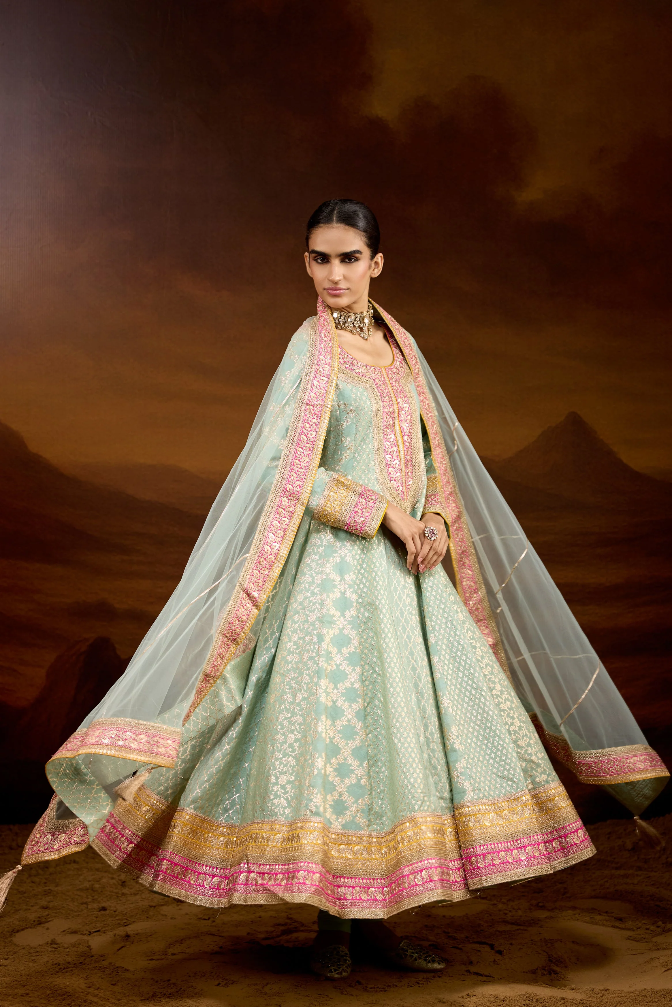 Mint Green Embellished Brocade Silk Anarkali Set - Image 5