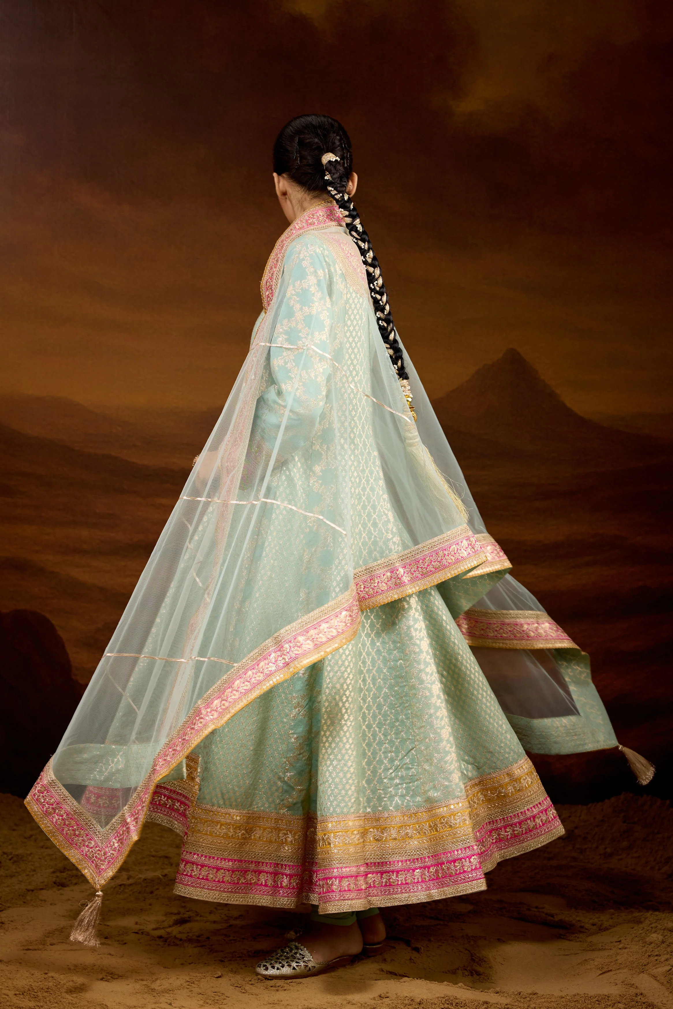 Mint Green Embellished Brocade Silk Anarkali Set - Image 6