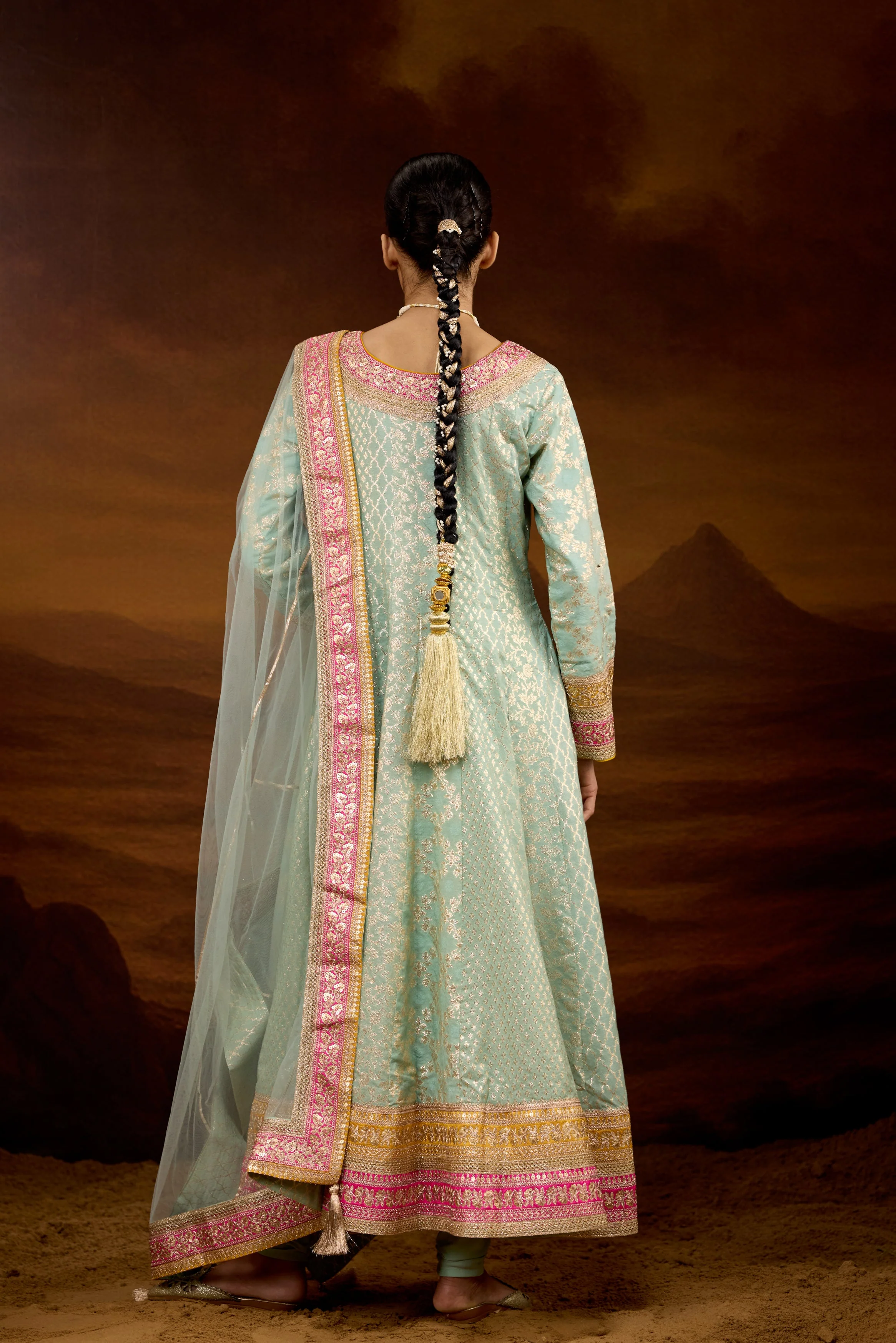 Mint Green Embellished Brocade Silk Anarkali Set - Image 7