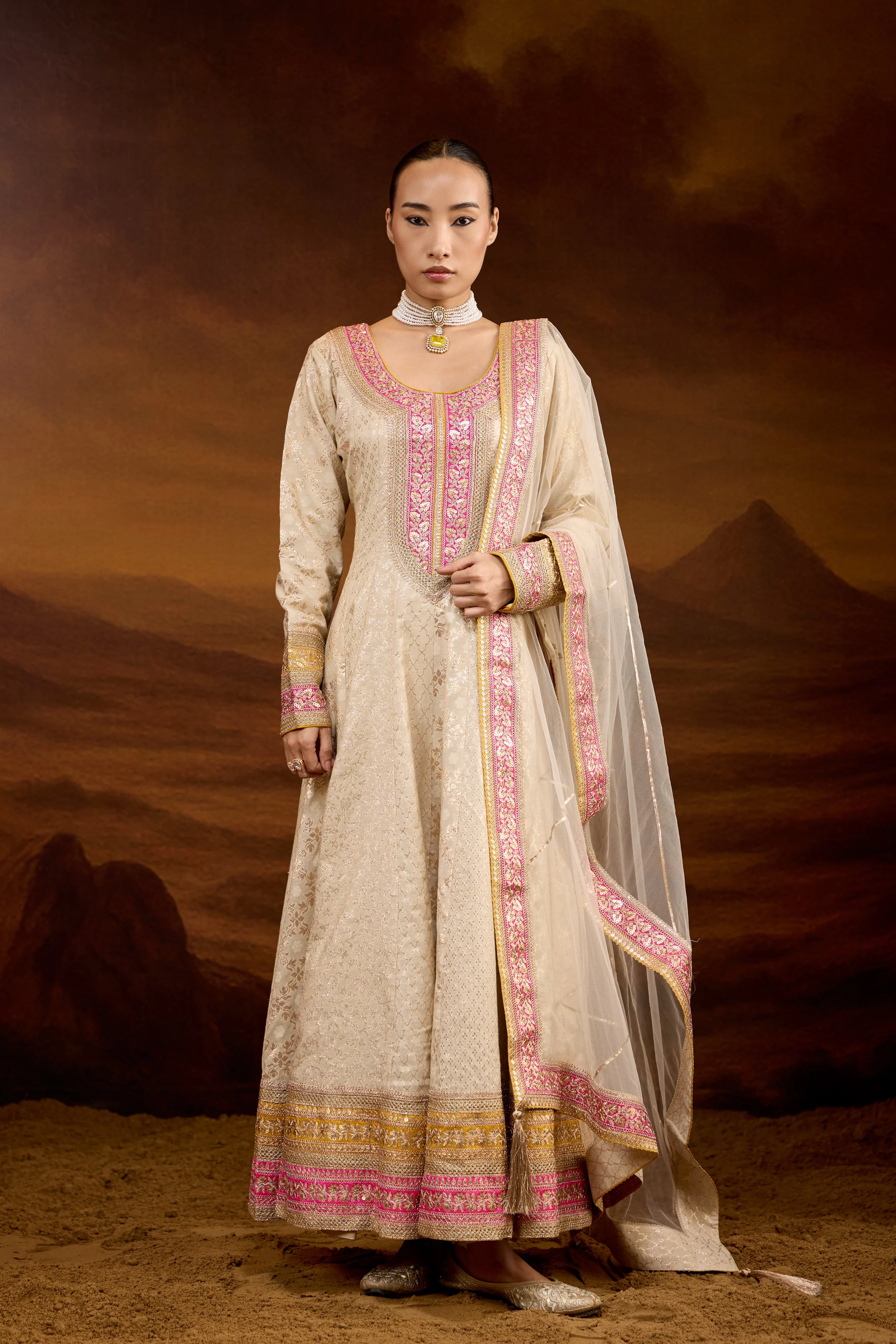 Creamy White Embellished Brocade Silk Anarkali Set