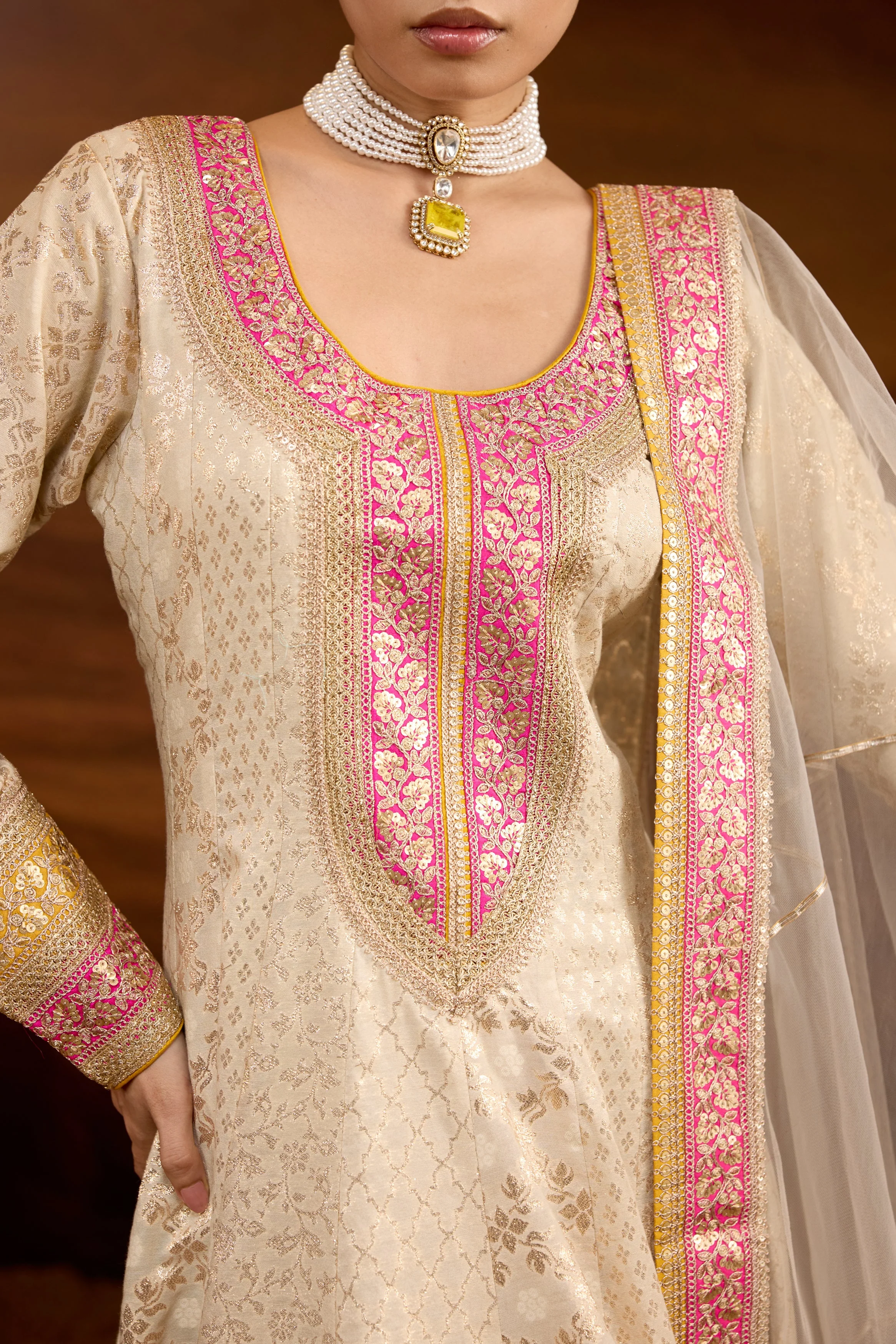 Creamy White Embellished Brocade Silk Anarkali Set - Image 2