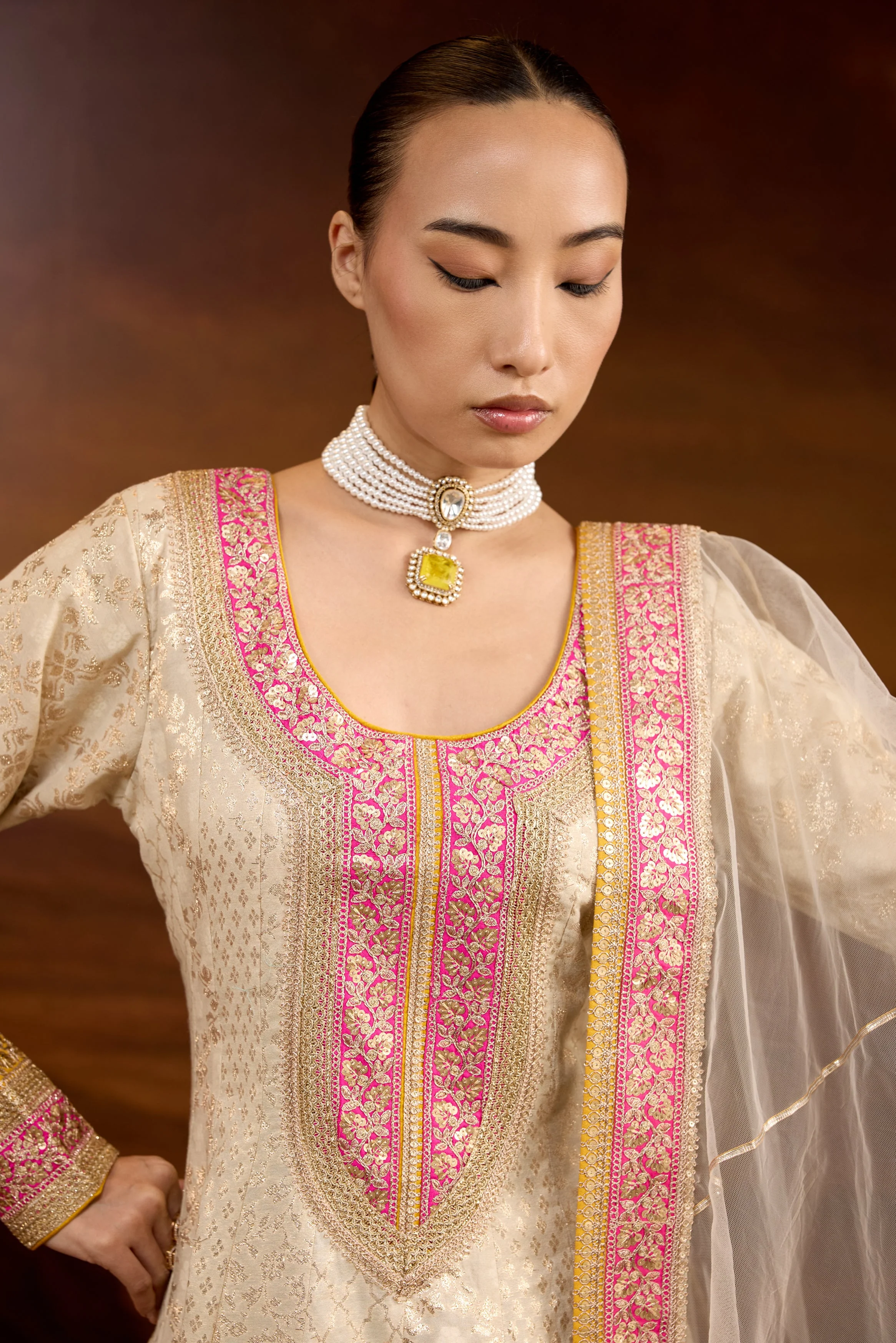 Creamy White Embellished Brocade Silk Anarkali Set - Image 3