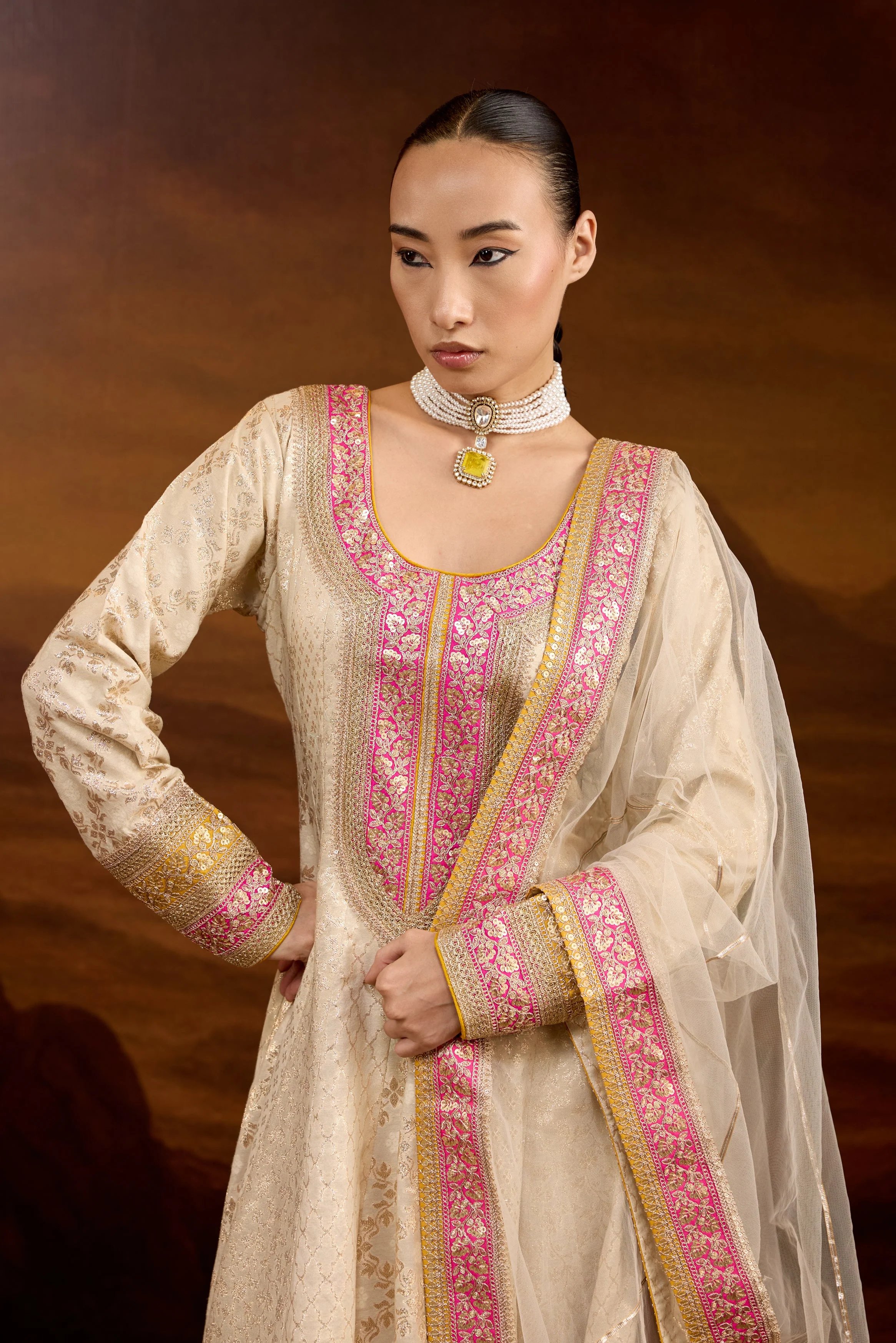 Creamy White Embellished Brocade Silk Anarkali Set - Image 4