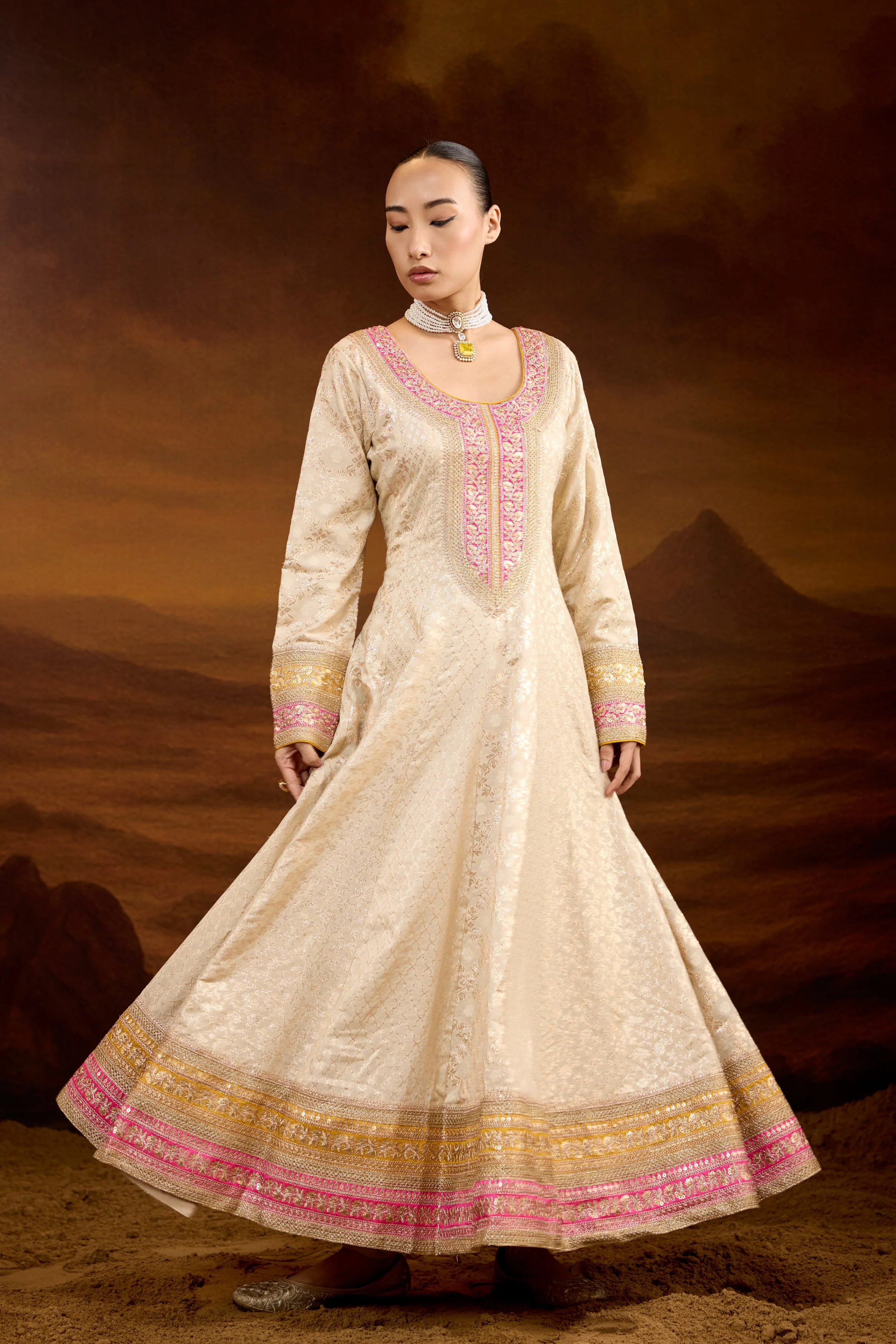 Creamy White Embellished Brocade Silk Anarkali Set - Image 5
