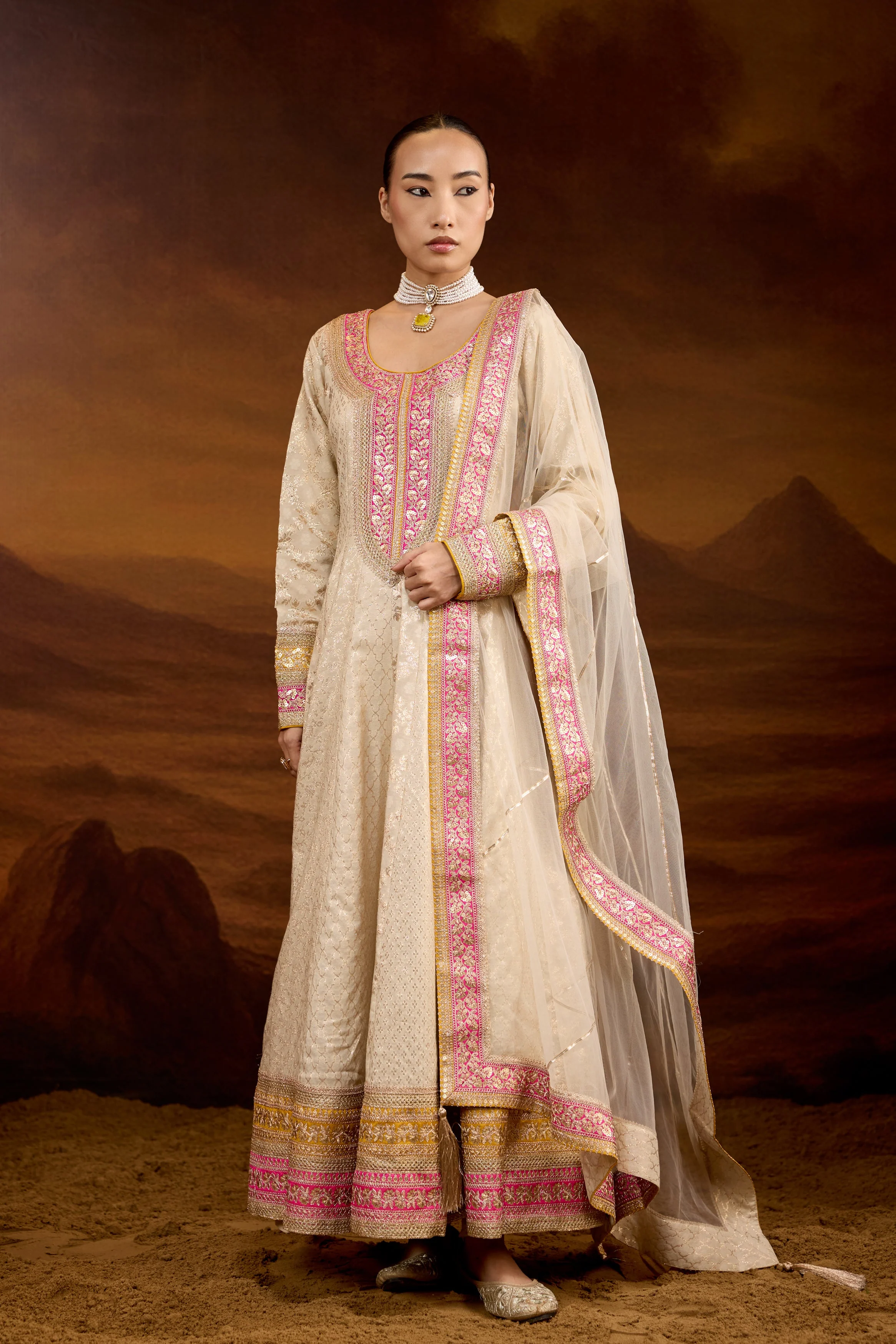 Creamy White Embellished Brocade Silk Anarkali Set - Image 6