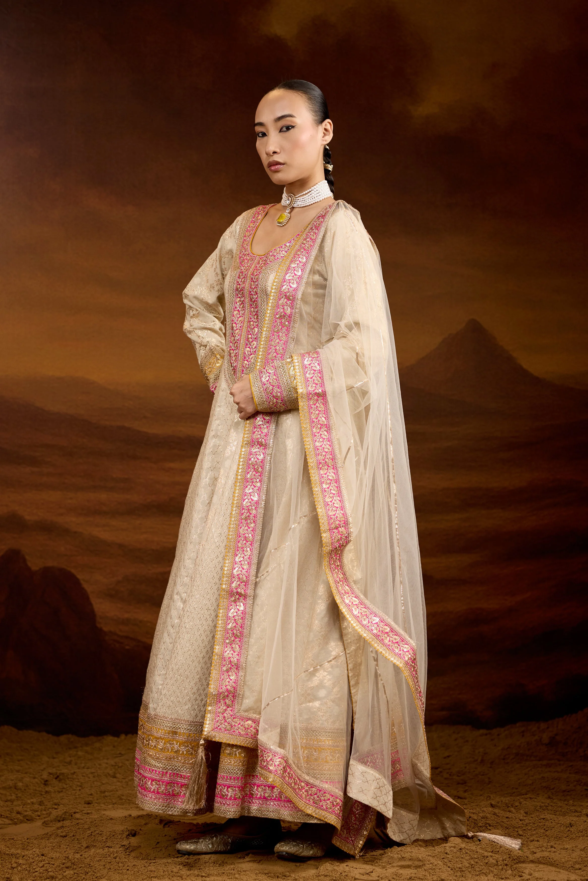 Creamy White Embellished Brocade Silk Anarkali Set - Image 7