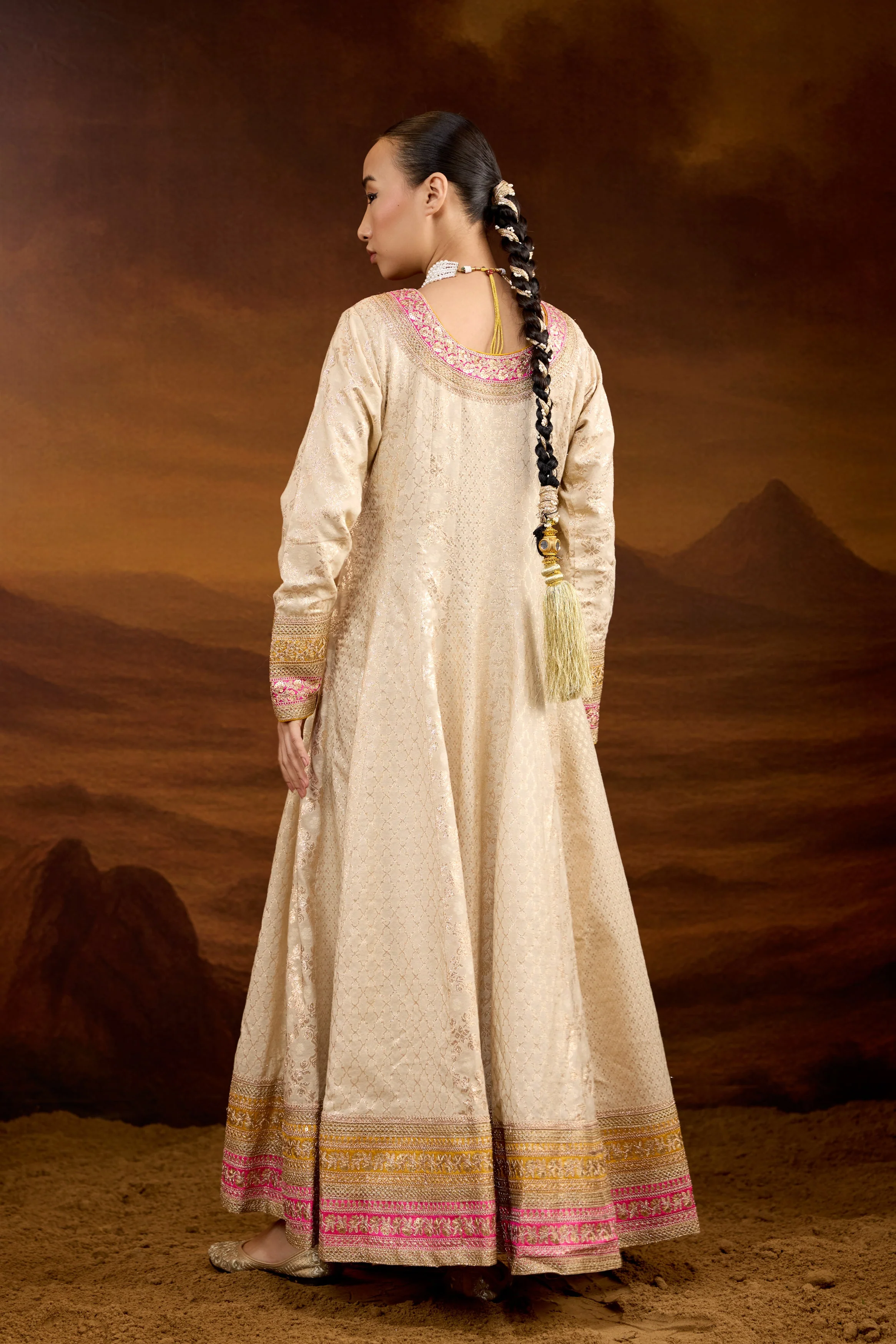 Creamy White Embellished Brocade Silk Anarkali Set - Image 8