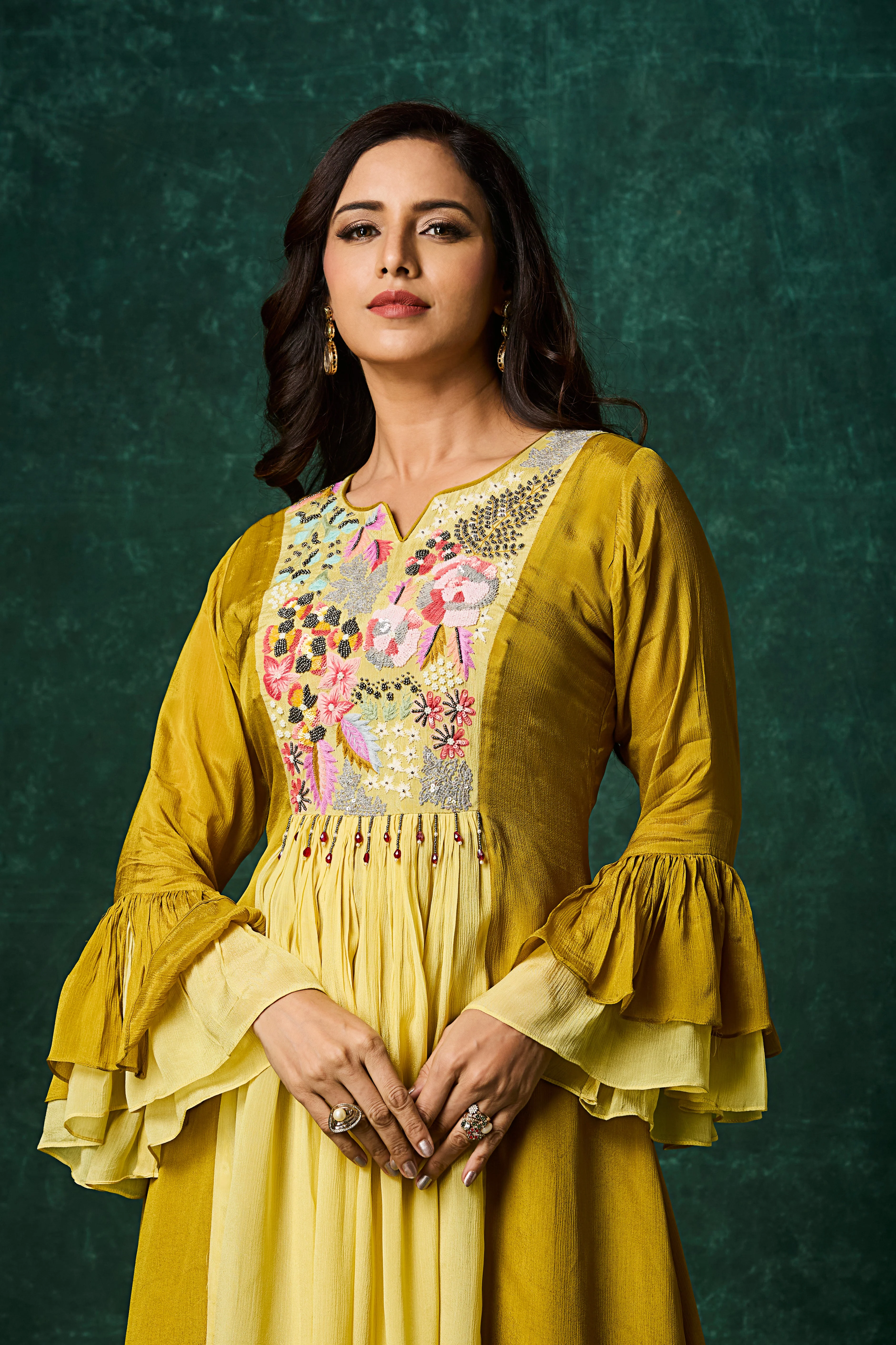 Ochre Yellow Embellished Chinon Silk Palazzo Set - Image 2