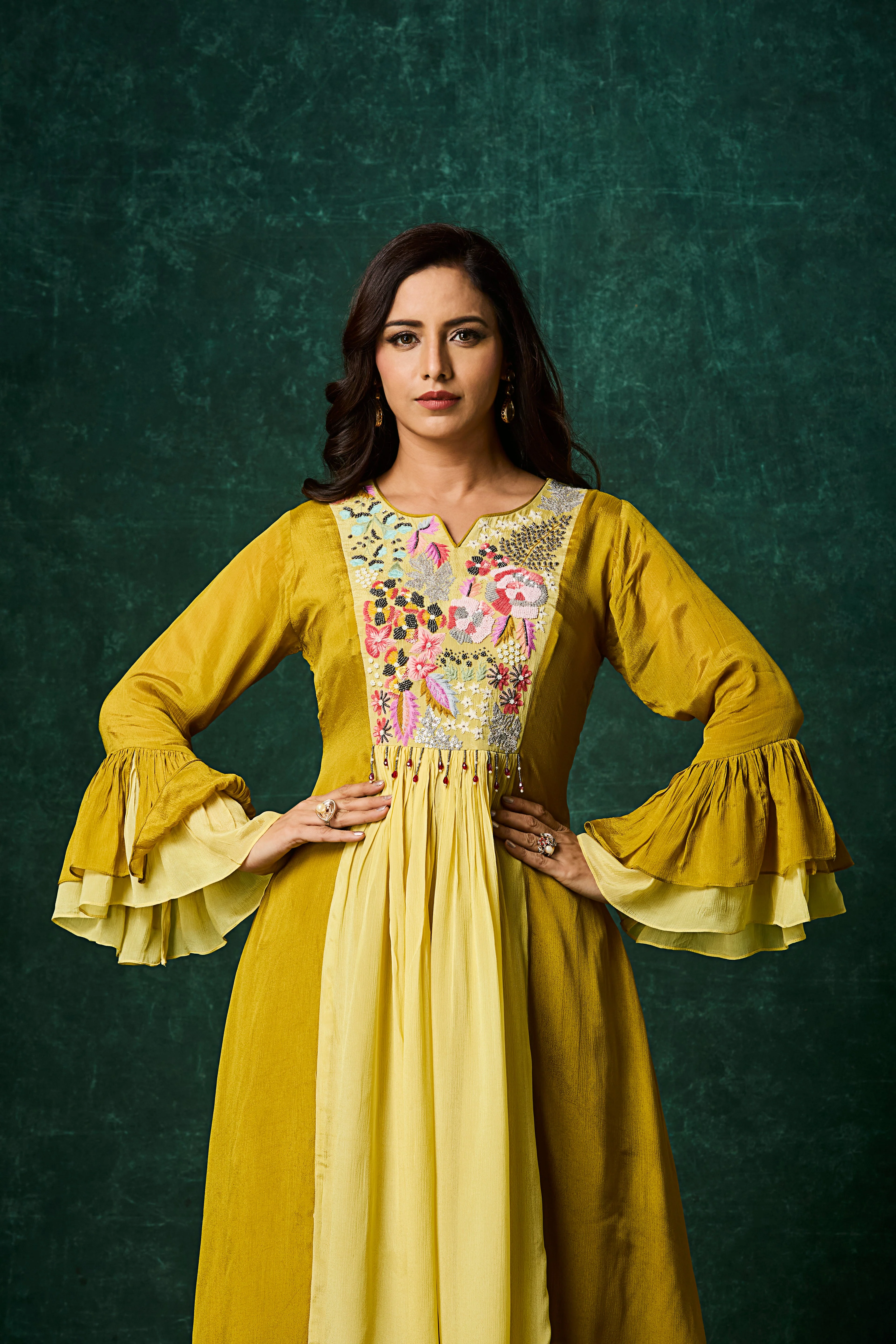 Ochre Yellow Embellished Chinon Silk Palazzo Set - Image 3