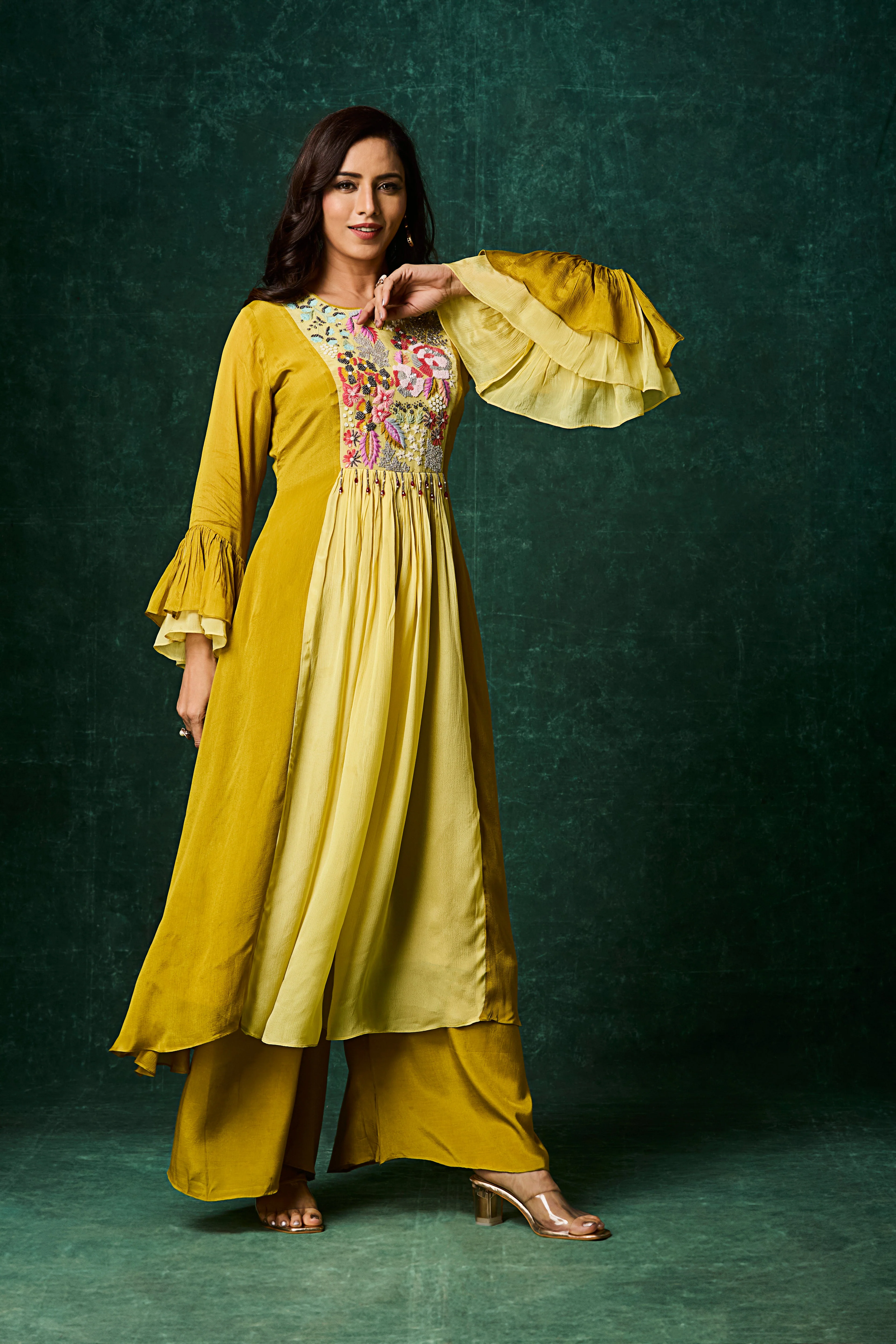 Ochre Yellow Embellished Chinon Silk Palazzo Set - Image 4