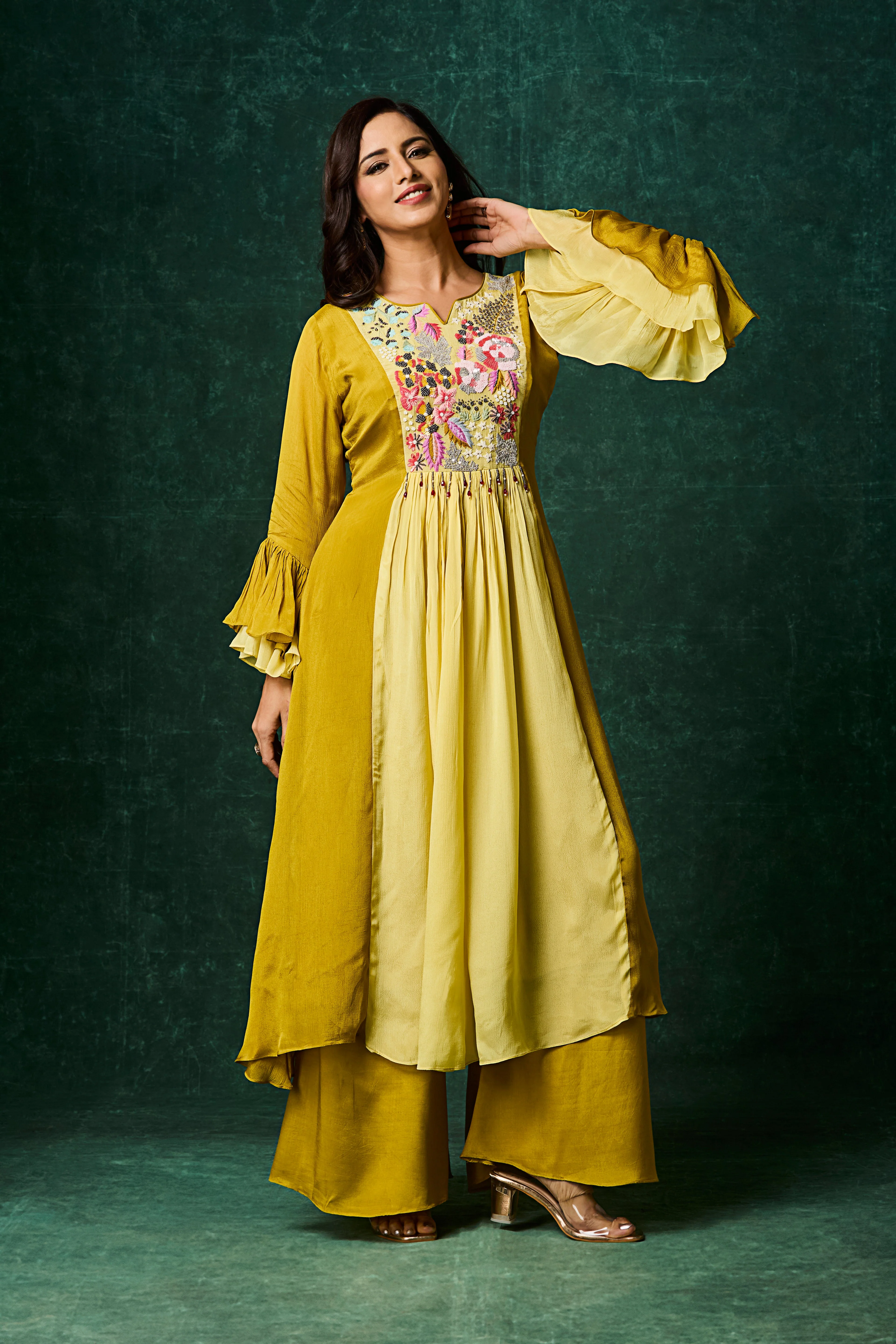 Ochre Yellow Embellished Chinon Silk Palazzo Set - Image 5