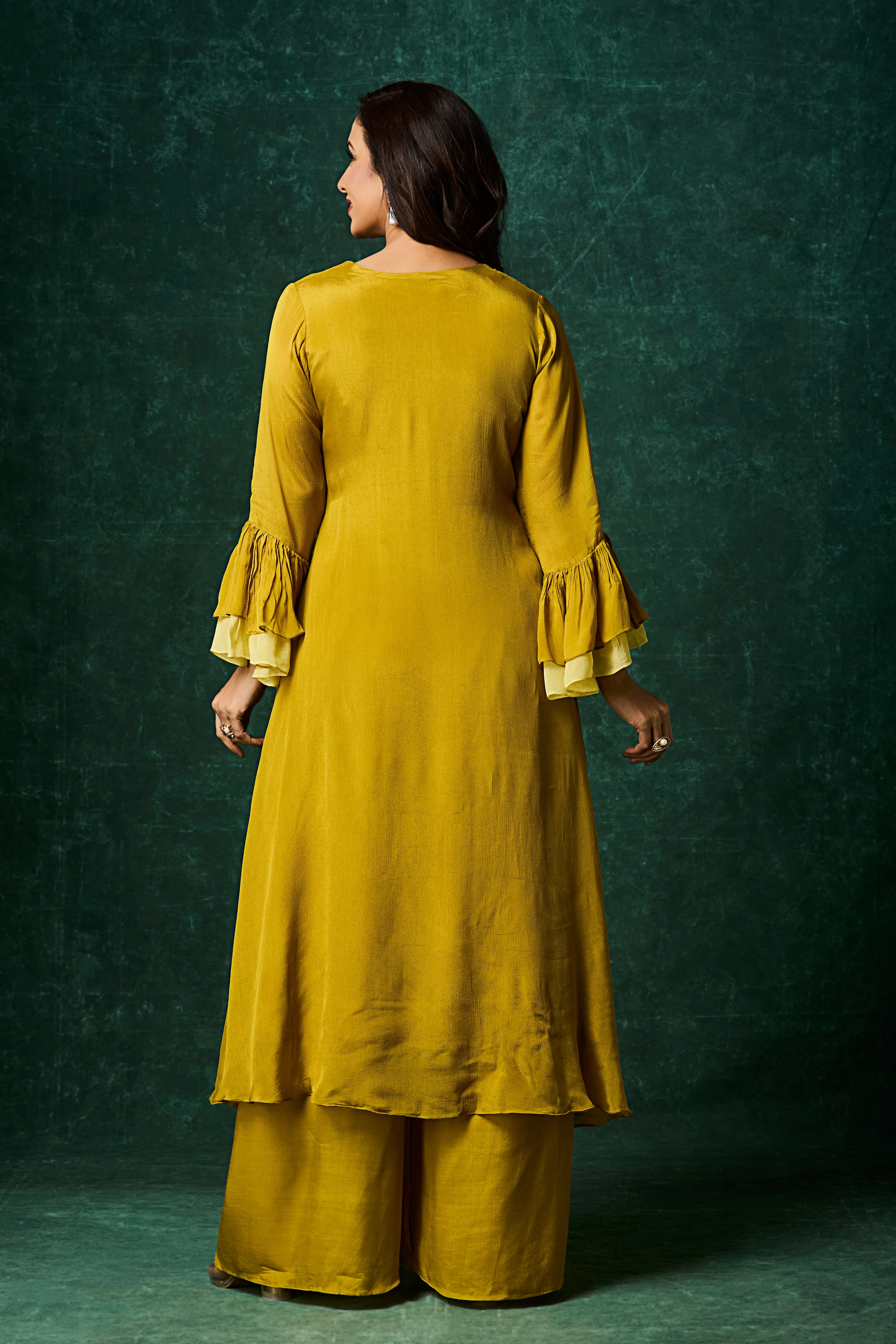 Ochre Yellow Embellished Chinon Silk Palazzo Set - Image 6