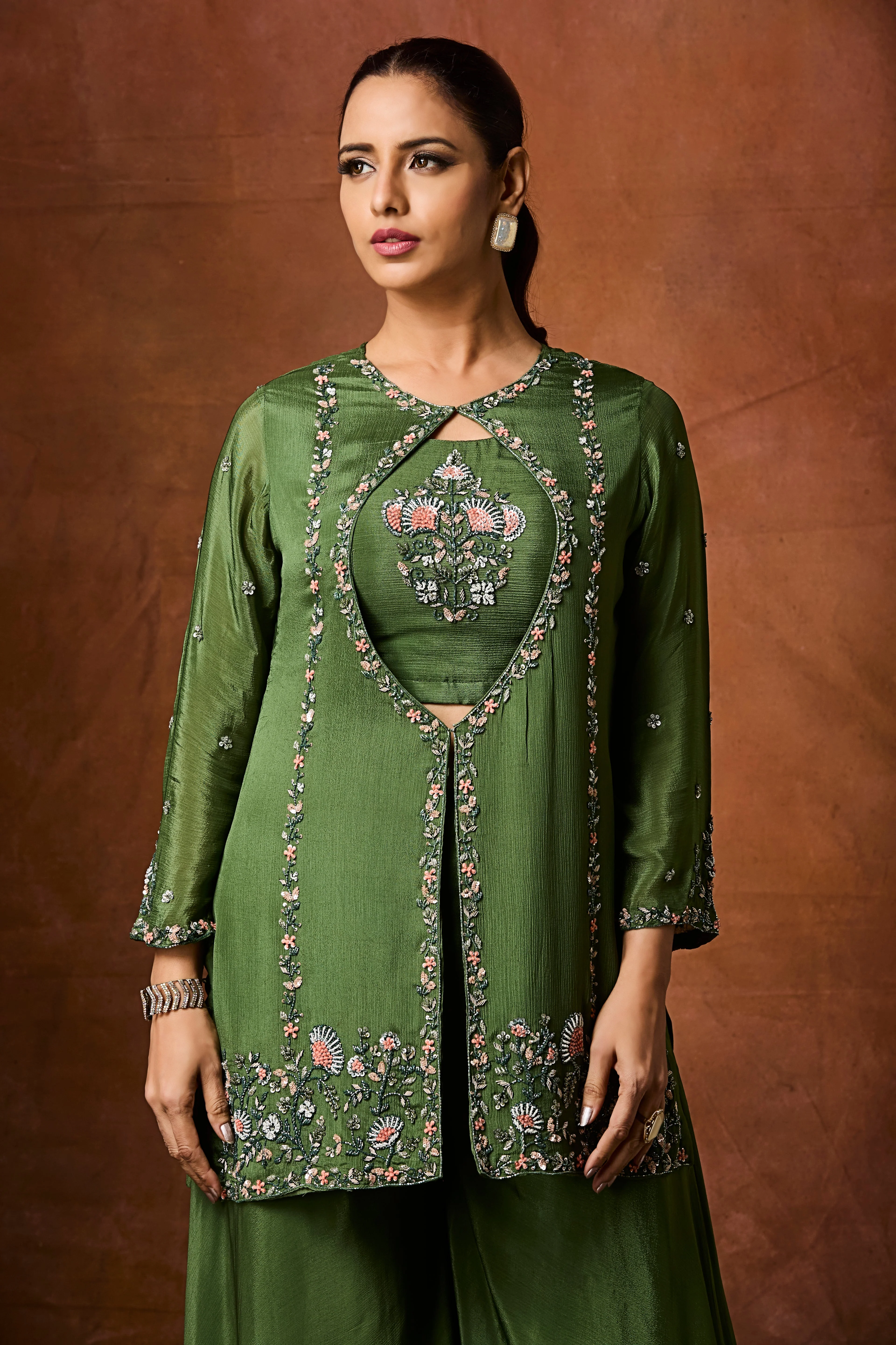 Forest Green Embellished Chinon Silk Palazzo Set - Image 2