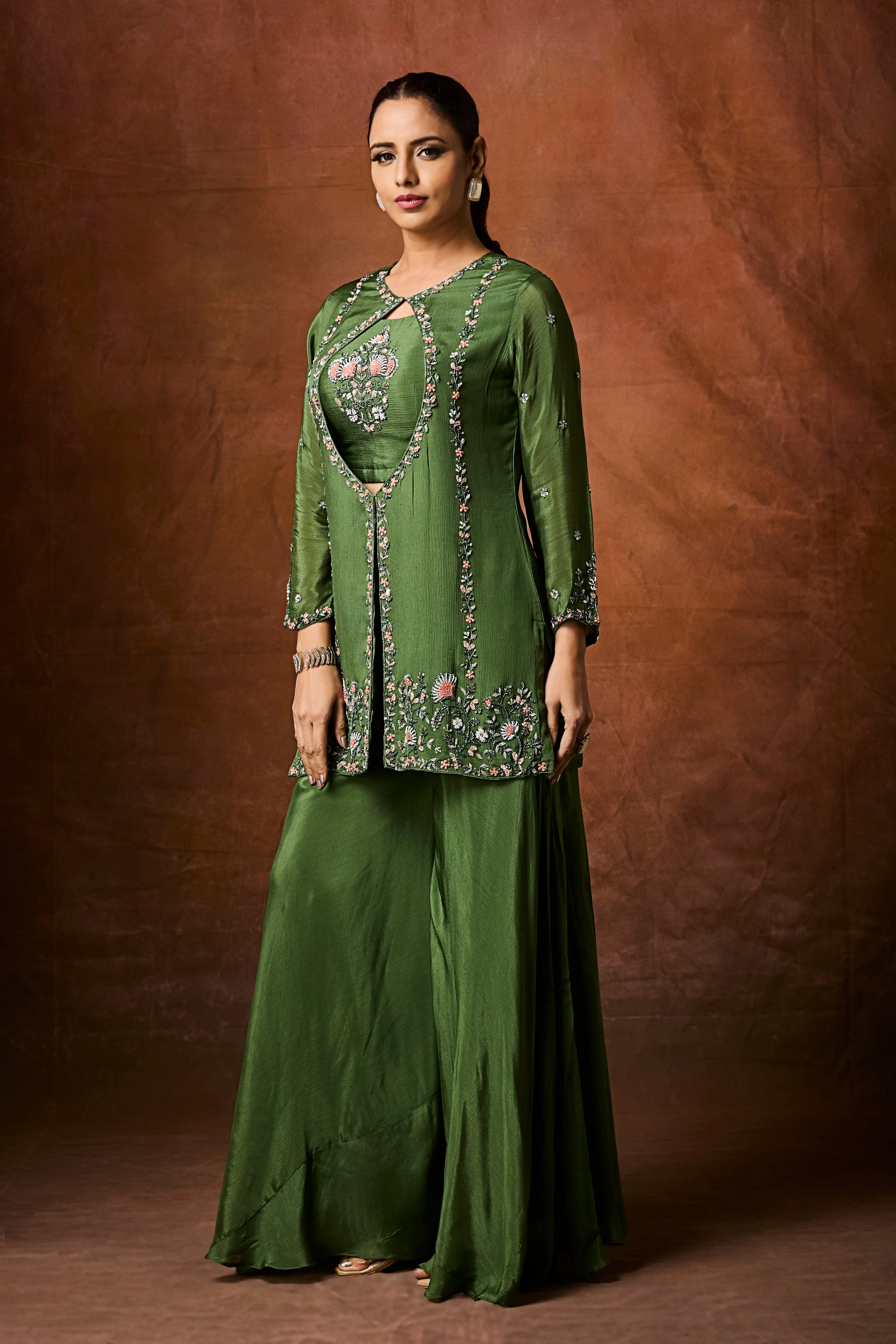 Forest Green Embellished Chinon Silk Palazzo Set - Image 3