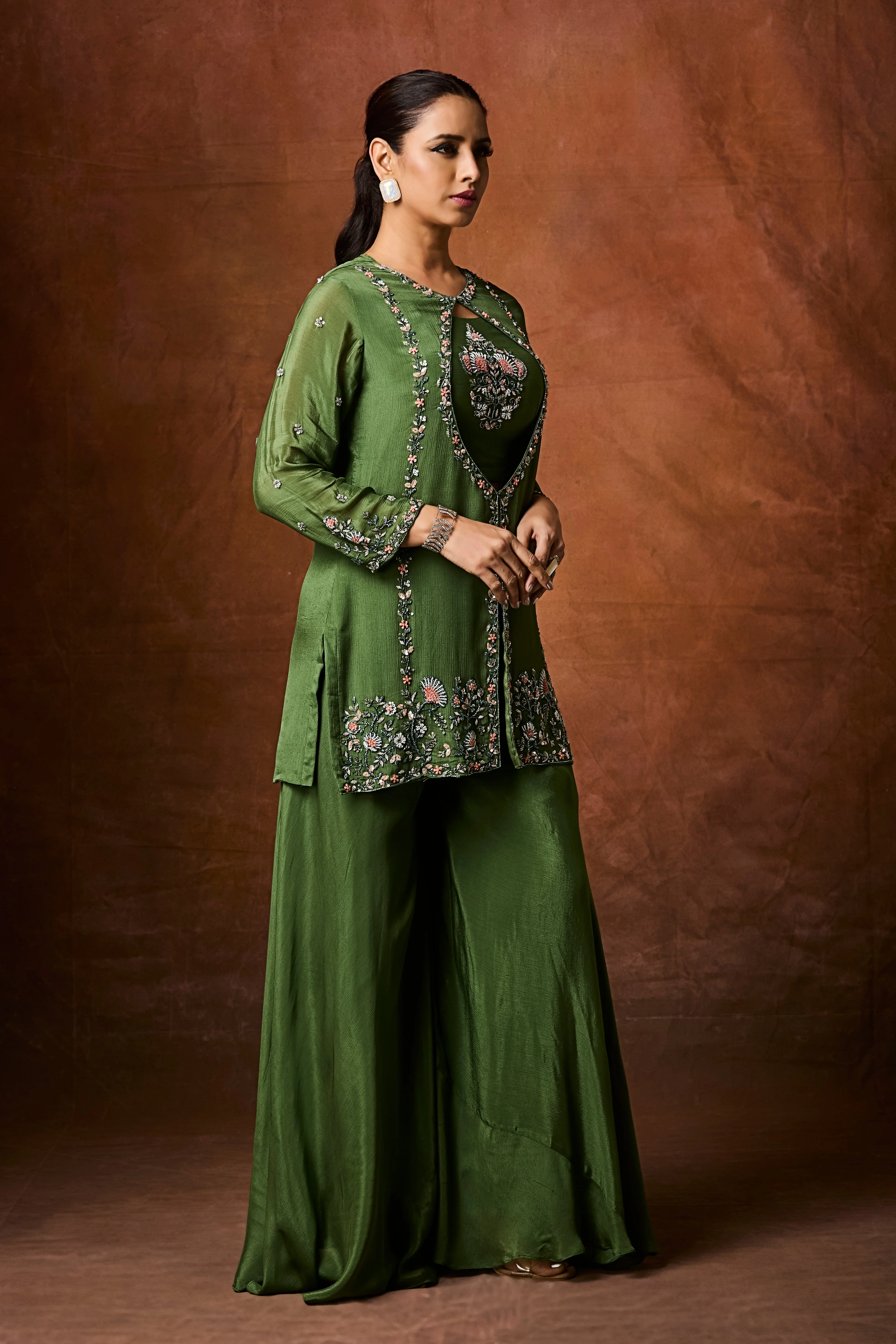 Forest Green Embellished Chinon Silk Palazzo Set - Image 4