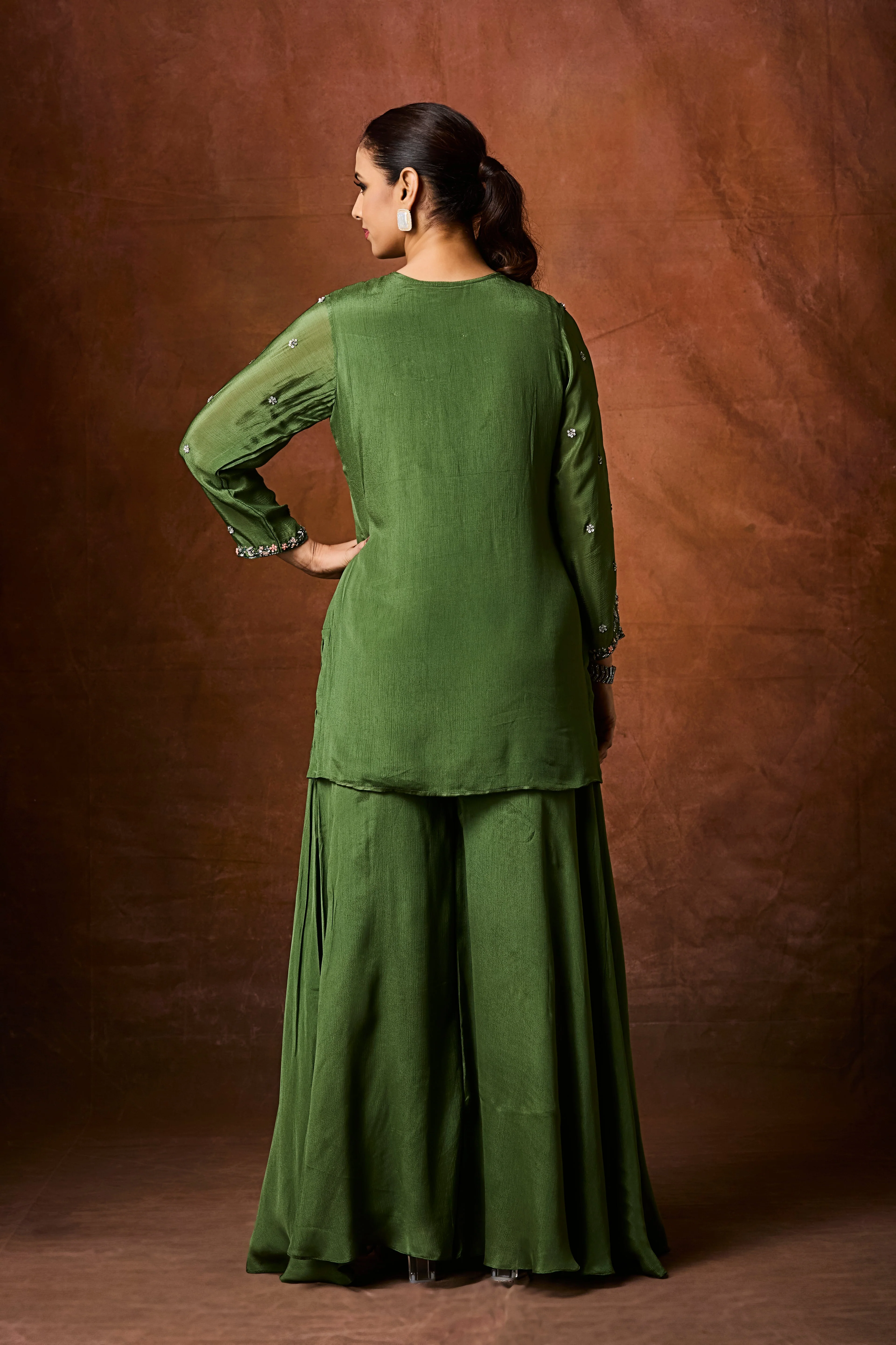 Forest Green Embellished Chinon Silk Palazzo Set - Image 5