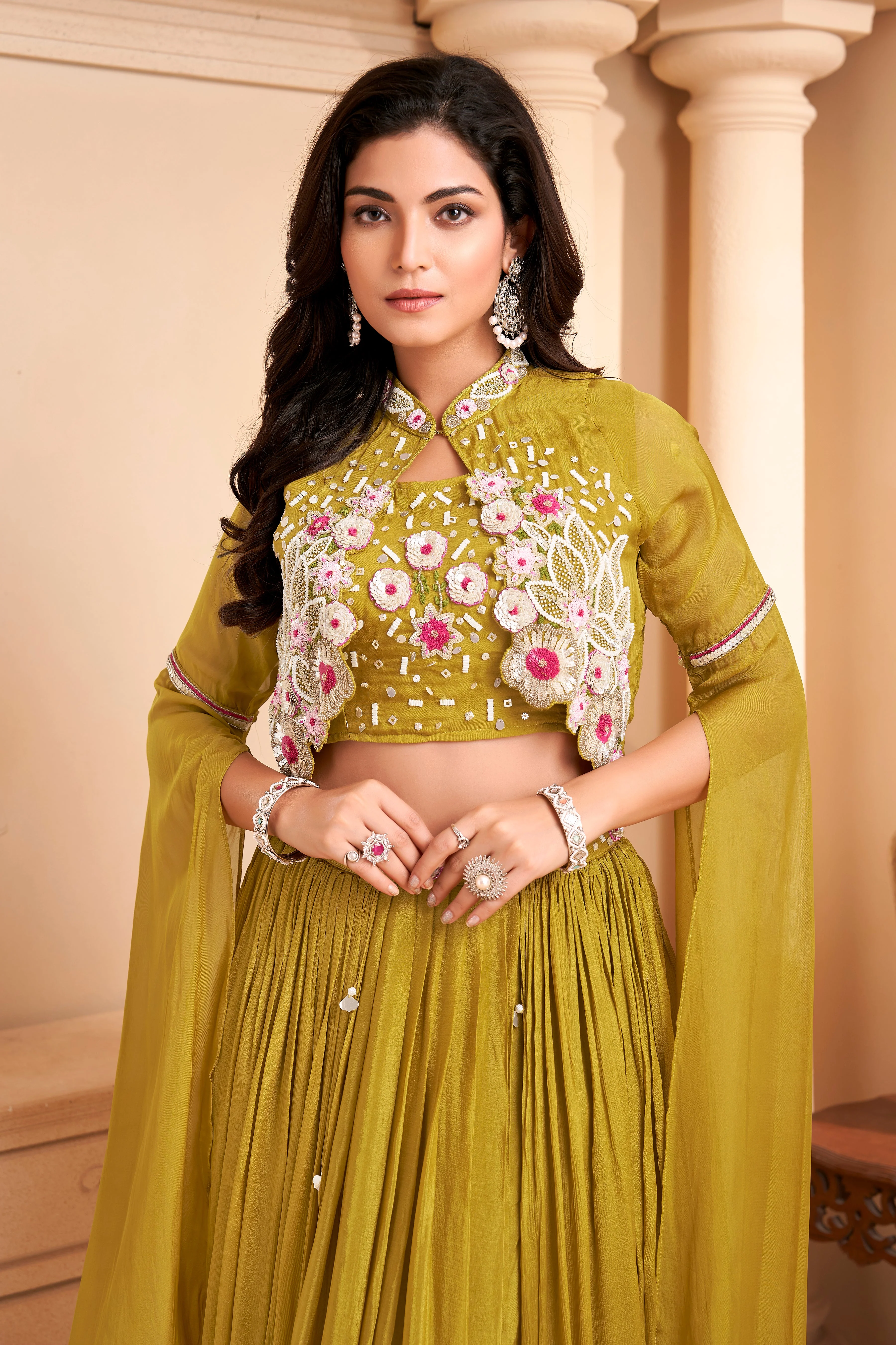 Lime Green Embellished Crepe Silk Skirt Set - Image 2